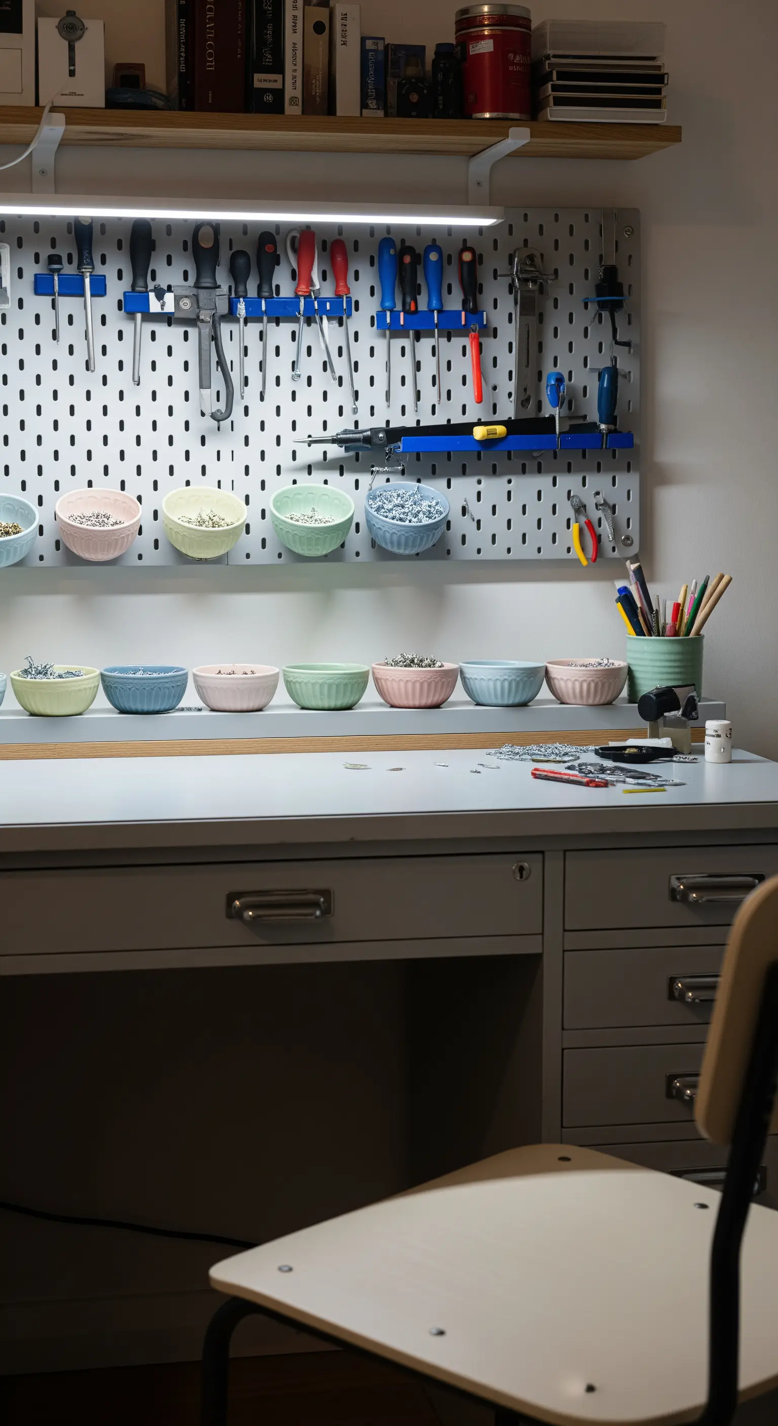 Pannello forato da officina con attrezzi e ciotole in ceramica pastello per minuterie.