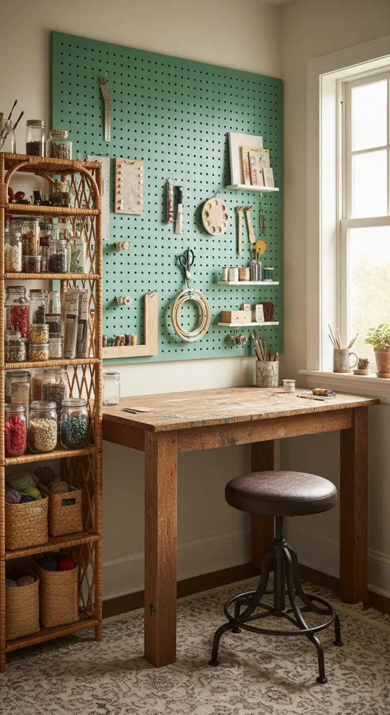 Angolo craft con un grande pannello forato verde menta e una libreria in rattan.