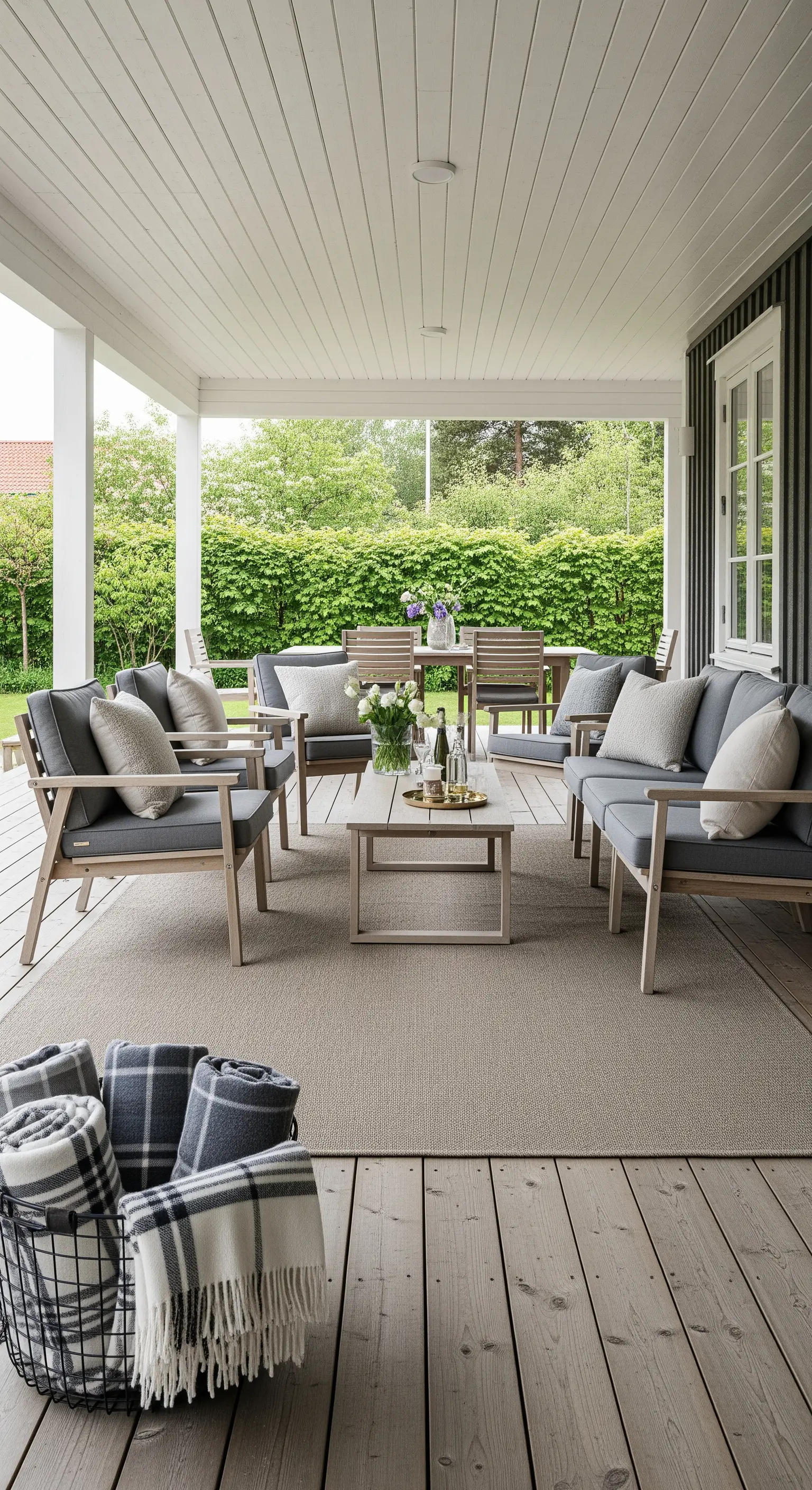 Ampio portico con divani grigi, tappeto outdoor e un cesto con plaid arrotolati.