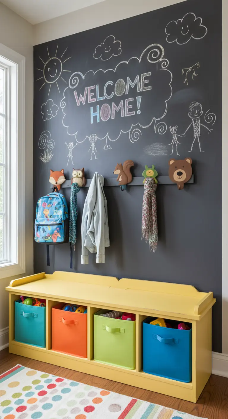 Parete lavagna con panca gialla e contenitori colorati per bambini.