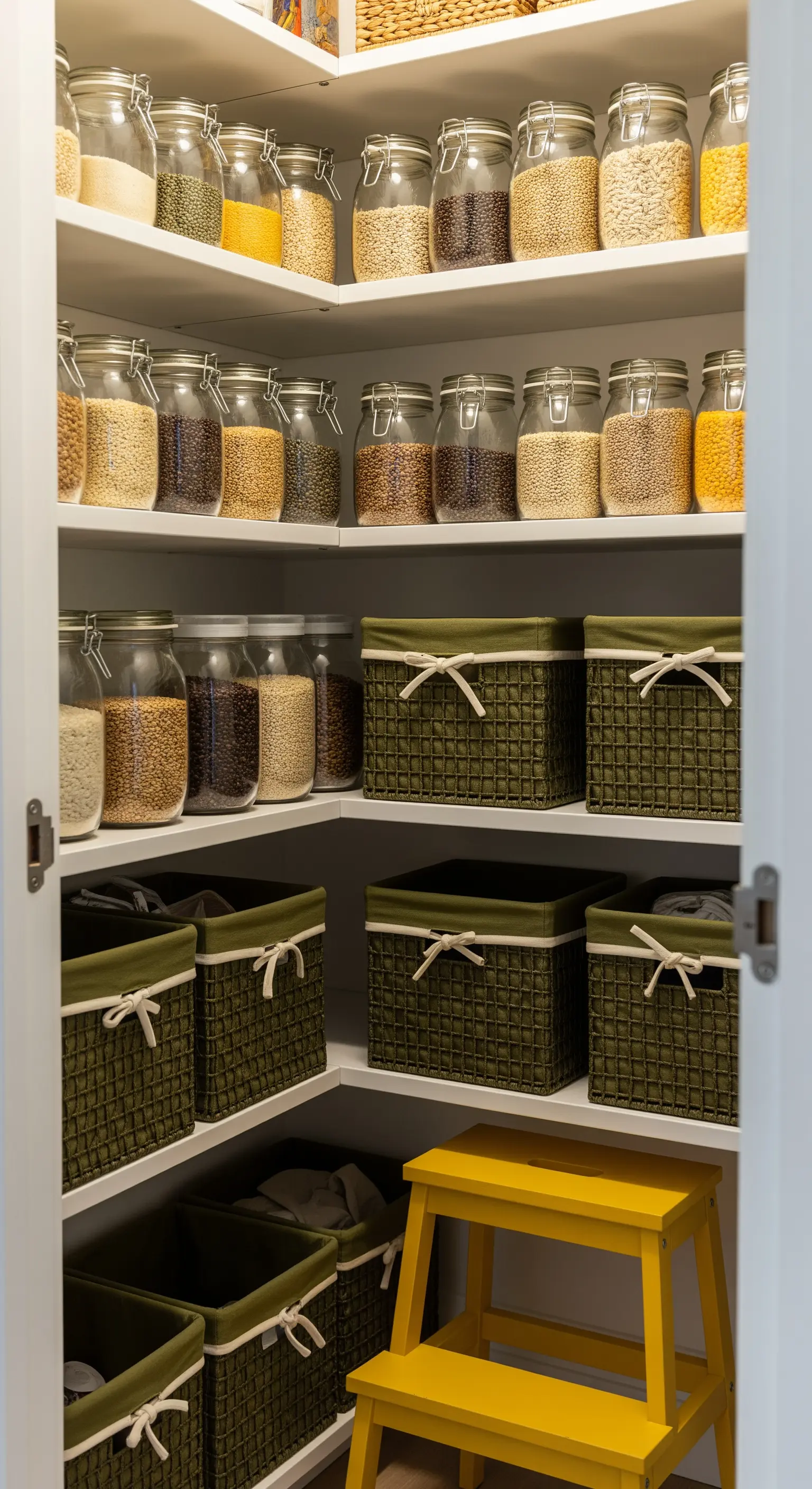 Dispensa organizzata con cesti verde oliva e uno sgabello a due gradini color senape.