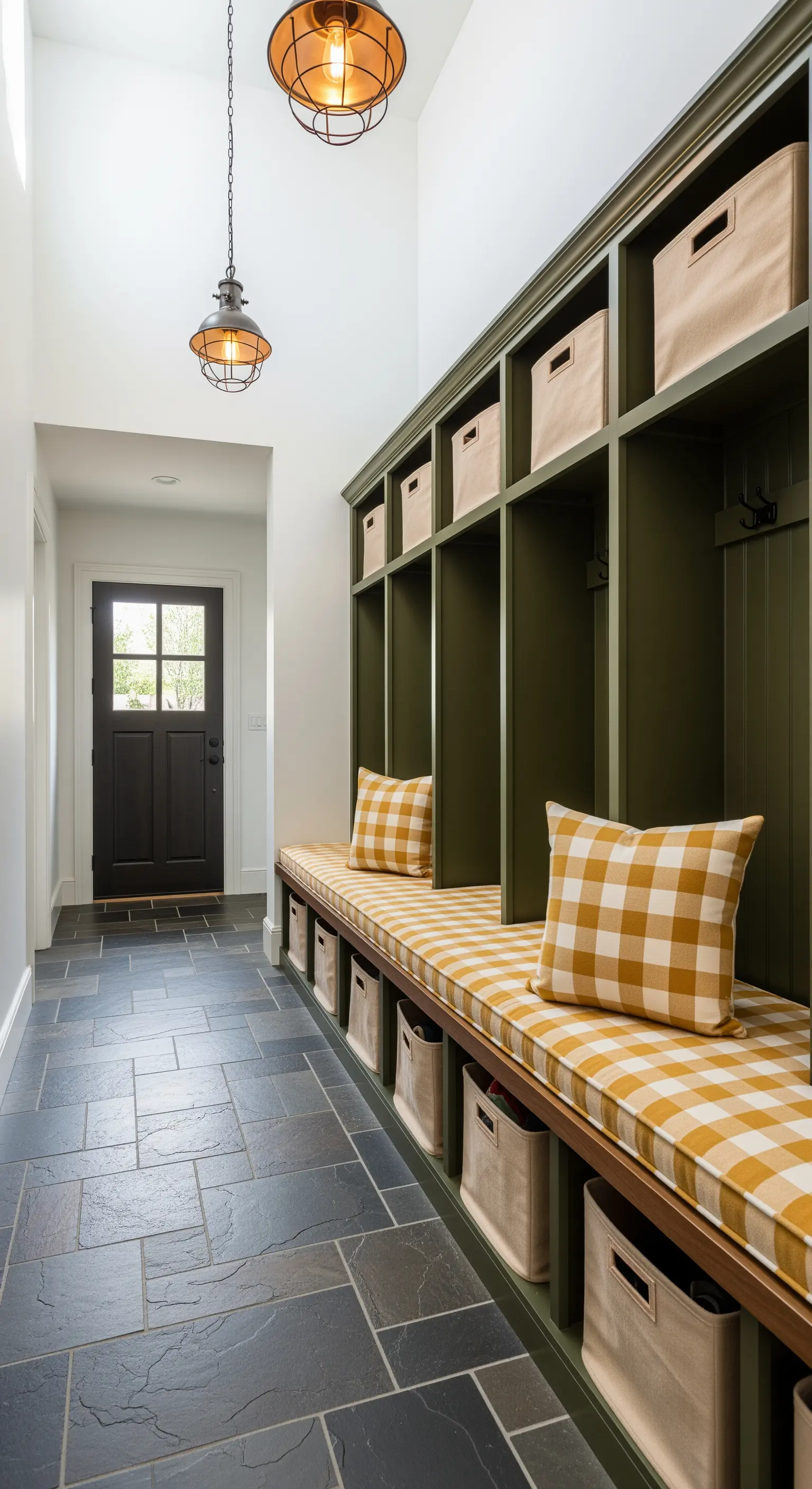 Parete attrezzata verde oliva con panca integrata e cuscini a quadri senape.