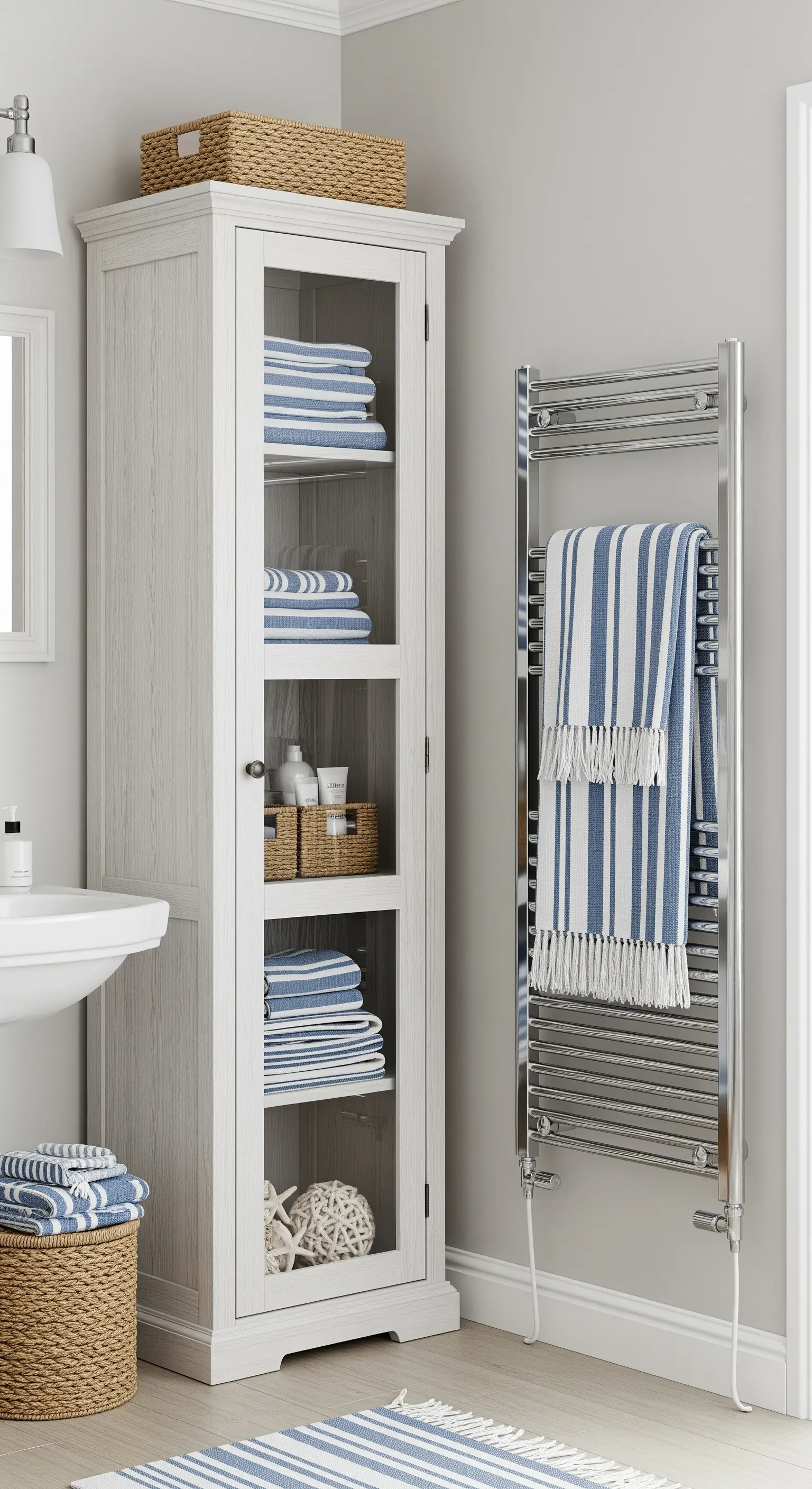 Armadietto alto in legno sbiancato con ante in vetro e asciugamani a righe piegati.