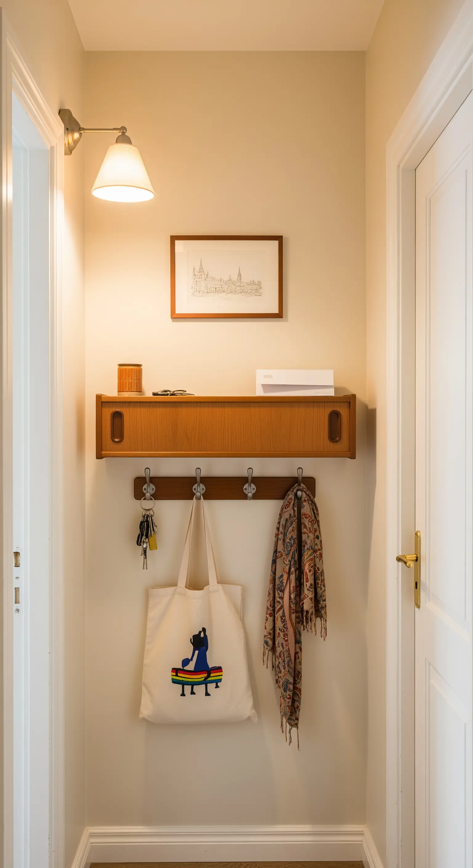 Piccolo ingresso con mensola e appendiabiti in legno in stile retrò.