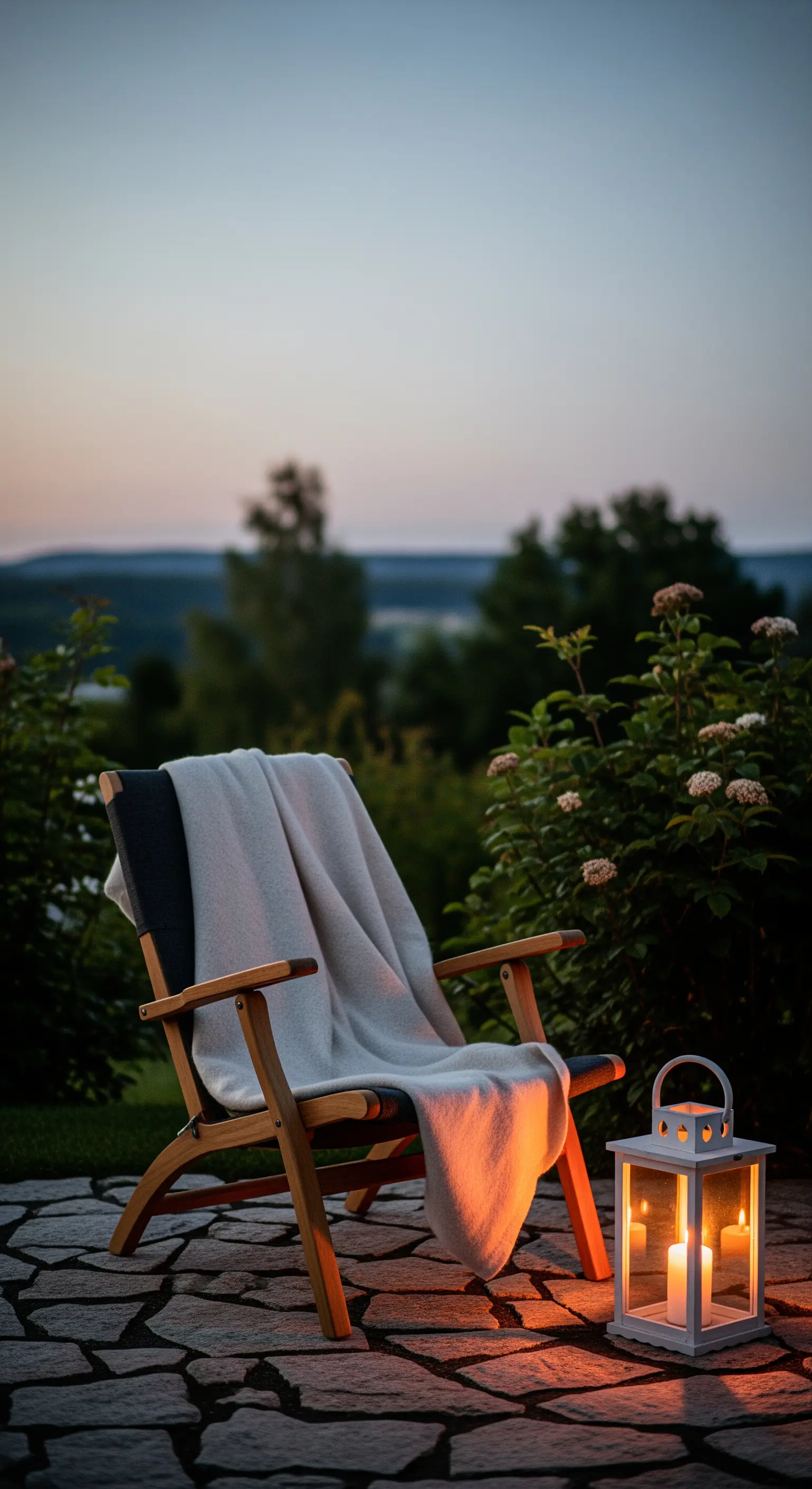 Sedia da regista in legno su un patio in pietra, con un plaid e una lanterna al tramonto.