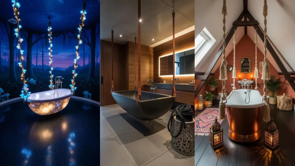 Esempio di bagni con vasche appese, corde decorative e luci soffuse, tra cui design moderno, rustico e incantato.