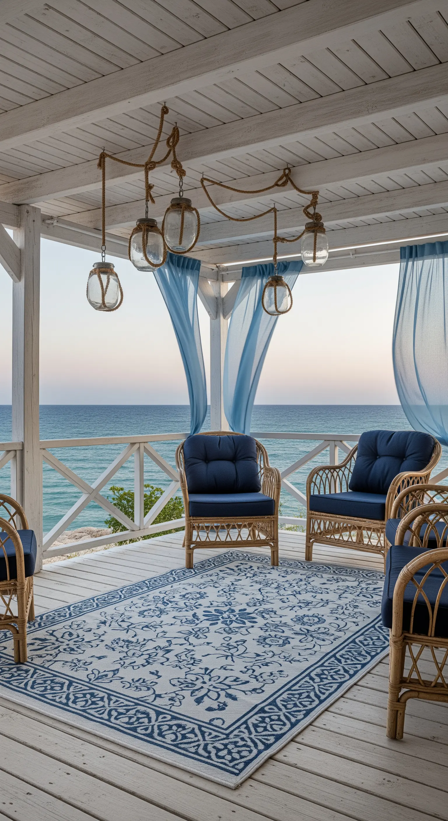 Veranda bianca vista mare con poltrone in rattan blu, tende azzurre e tappeto a motivi geometrici.