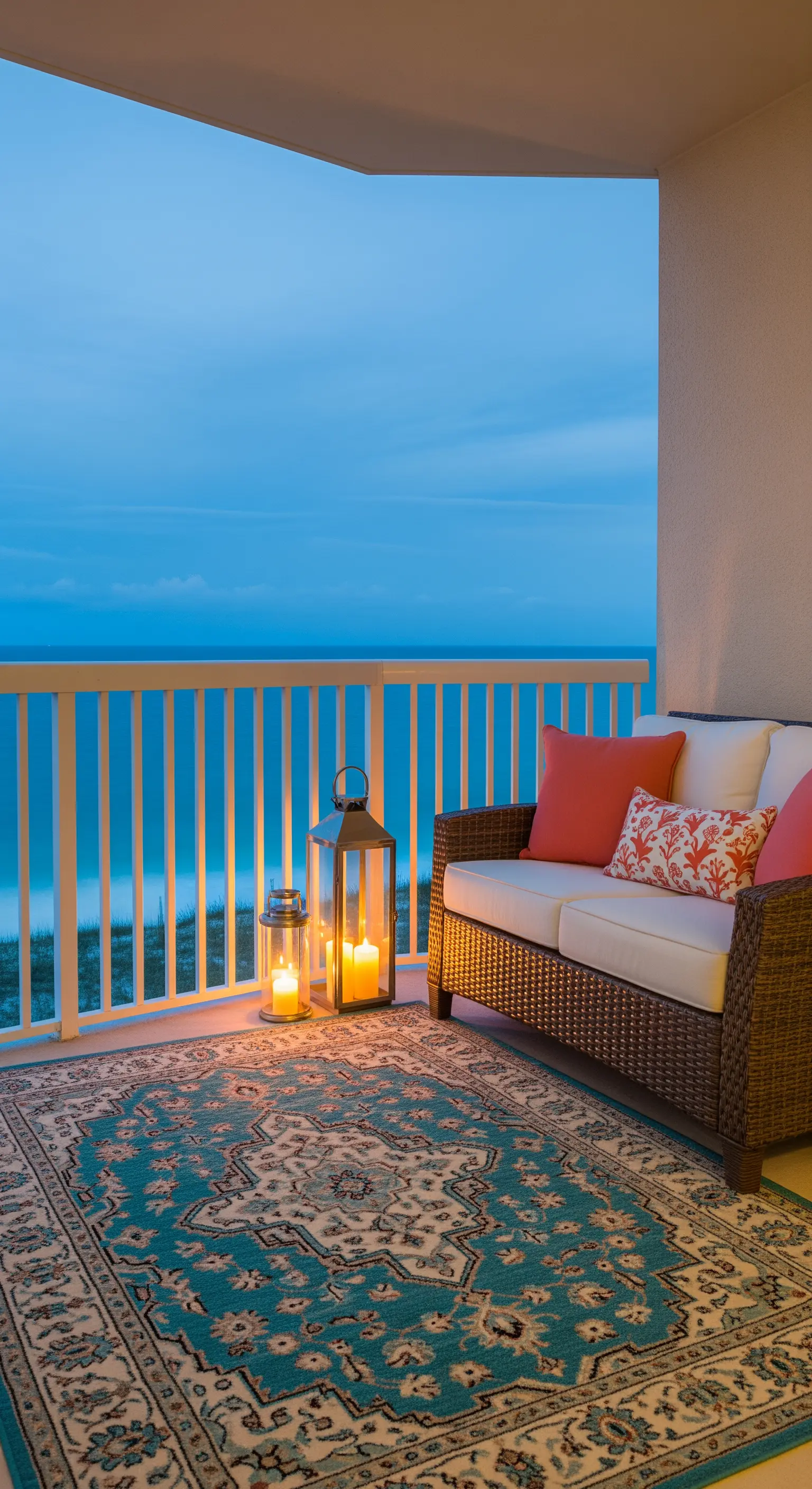 Balcone vista mare con divanetto in vimini e tappeto persiano turchese.
