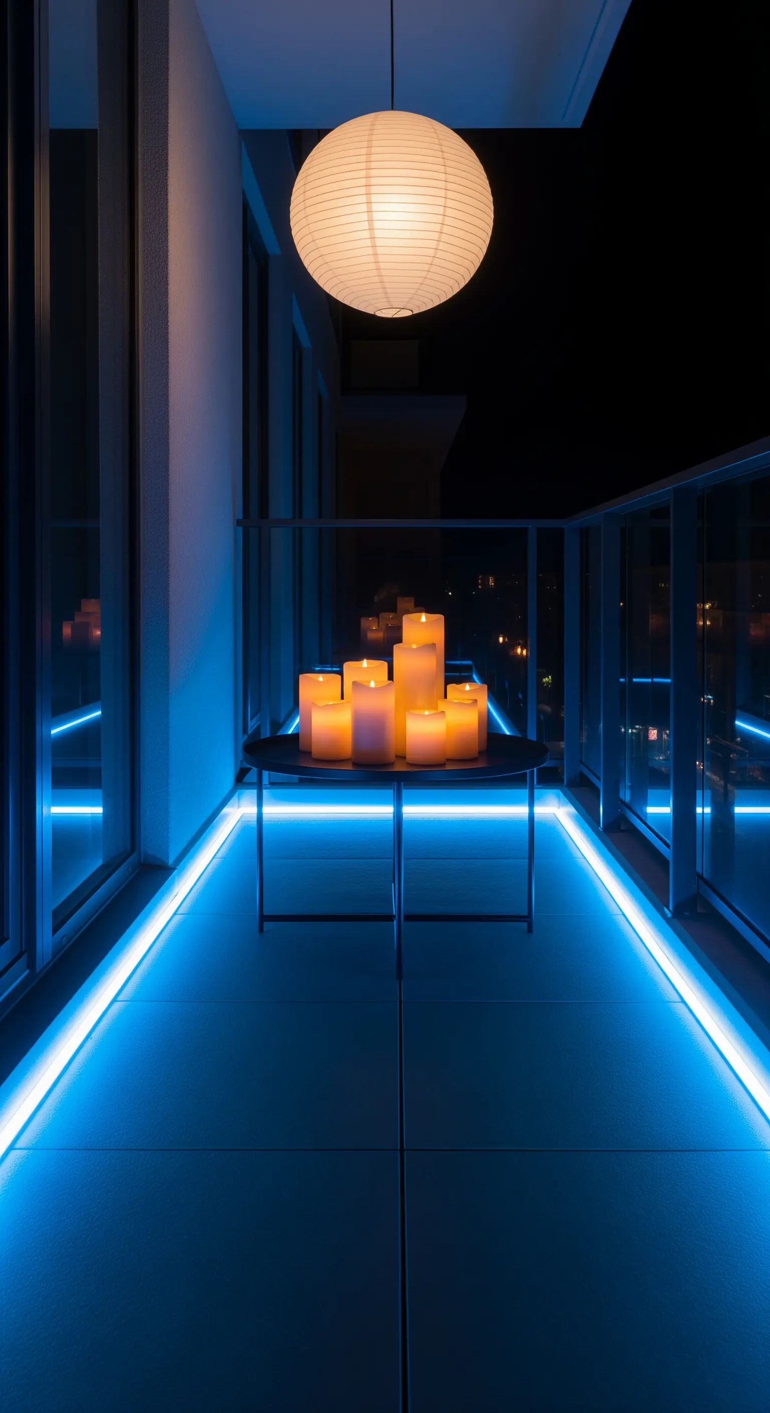 Balcone con pavimento illuminato da strisce LED blu, con candele calde su un tavolino e una lanterna bianca