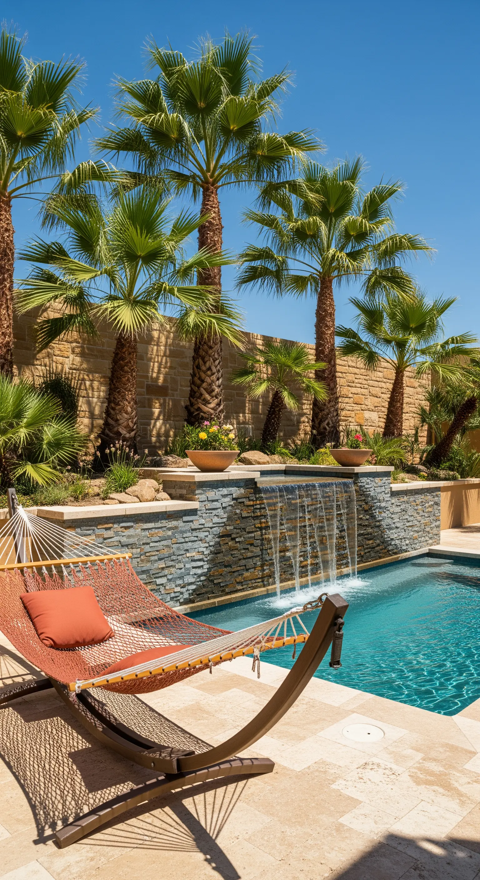Amaca con cuscino arancione a bordo di una piscina con palme e una cascata su un muro in pietra