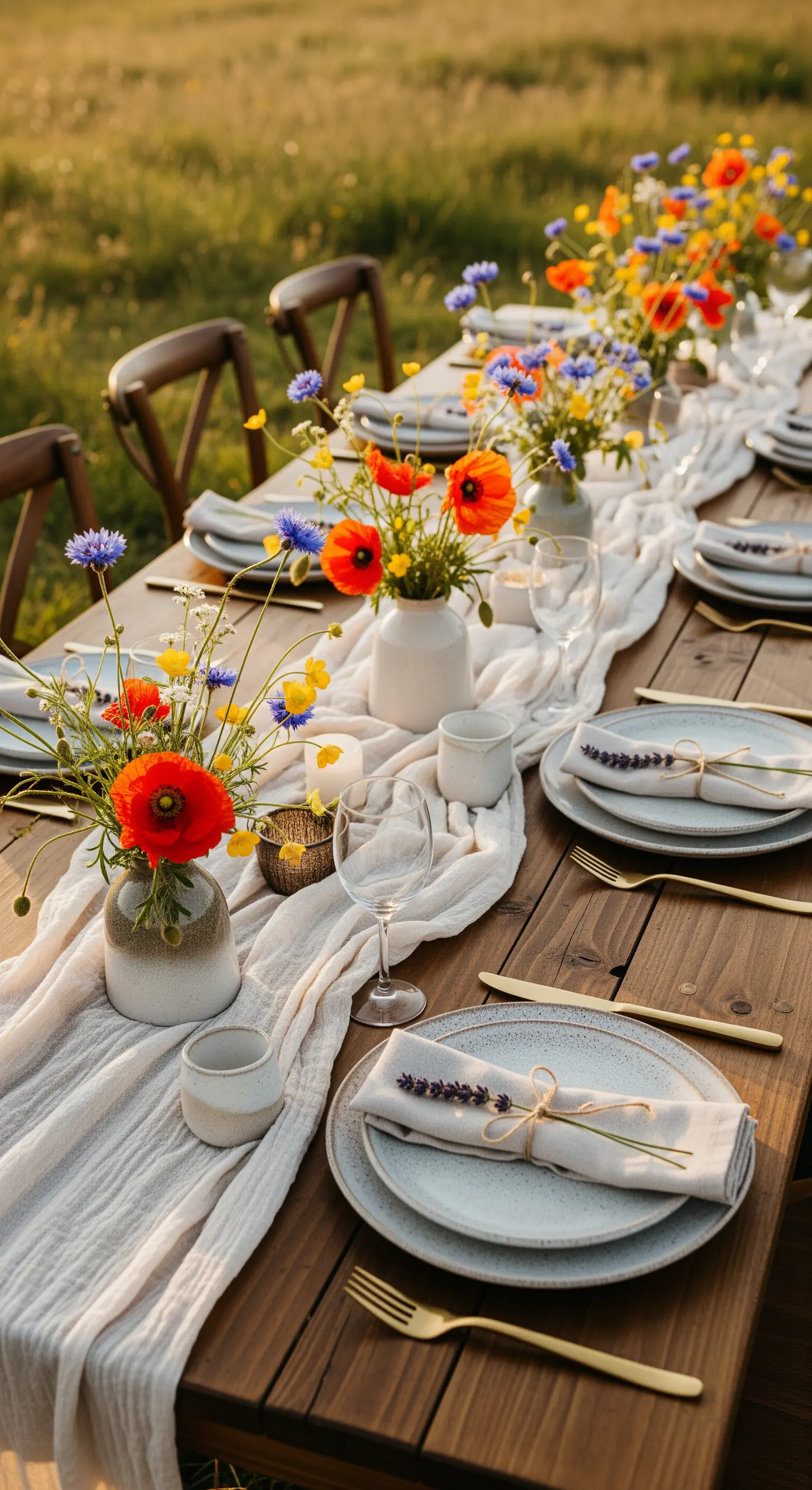 Tavola nuziale in legno all'aperto con runner in lino, fiori di campo e posate dorate.