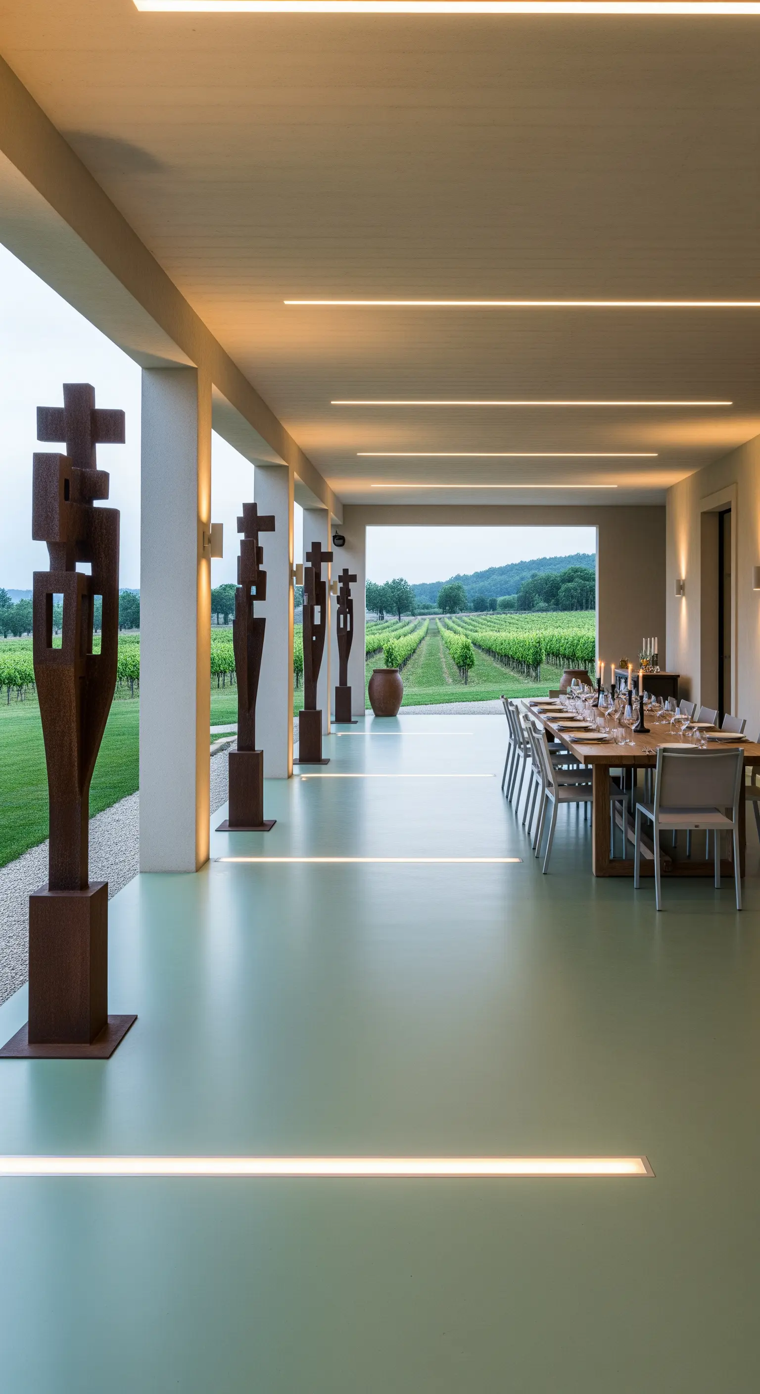 Portico affacciato su un vigneto con pavimento in resina verde chiaro e sculture lineari.