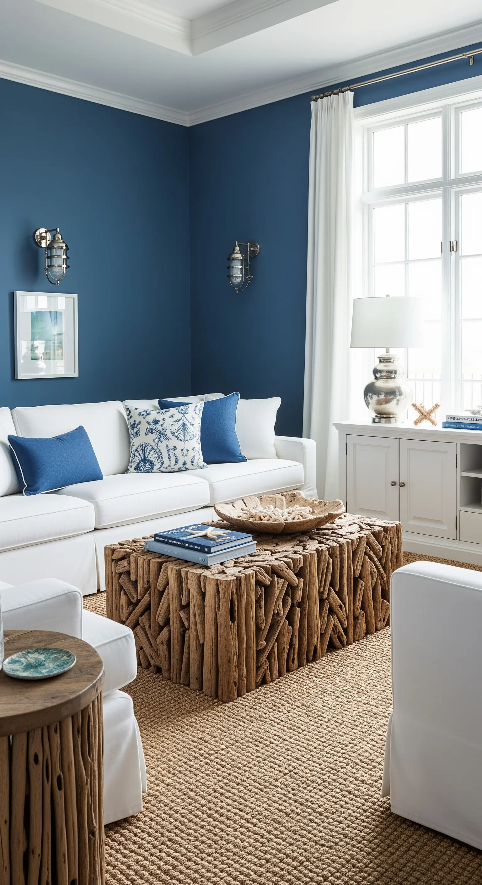 Salotto in stile costiero con pareti blu intenso, divano bianco e tavolino in legno di recupero.