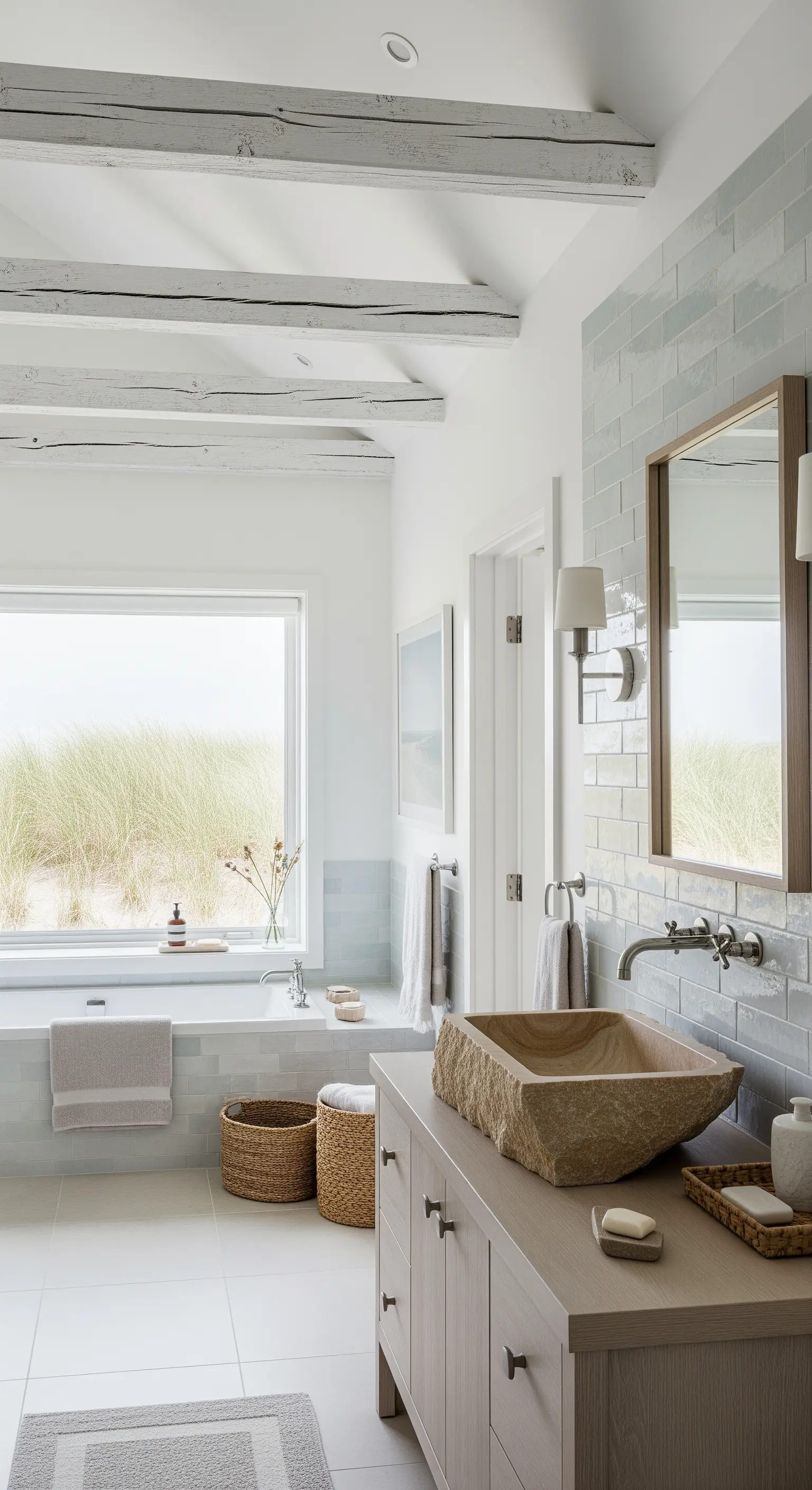 Bagno in stile coastal con travi sbiancate, piastrelle azzurre e lavabo in pietra arenaria.