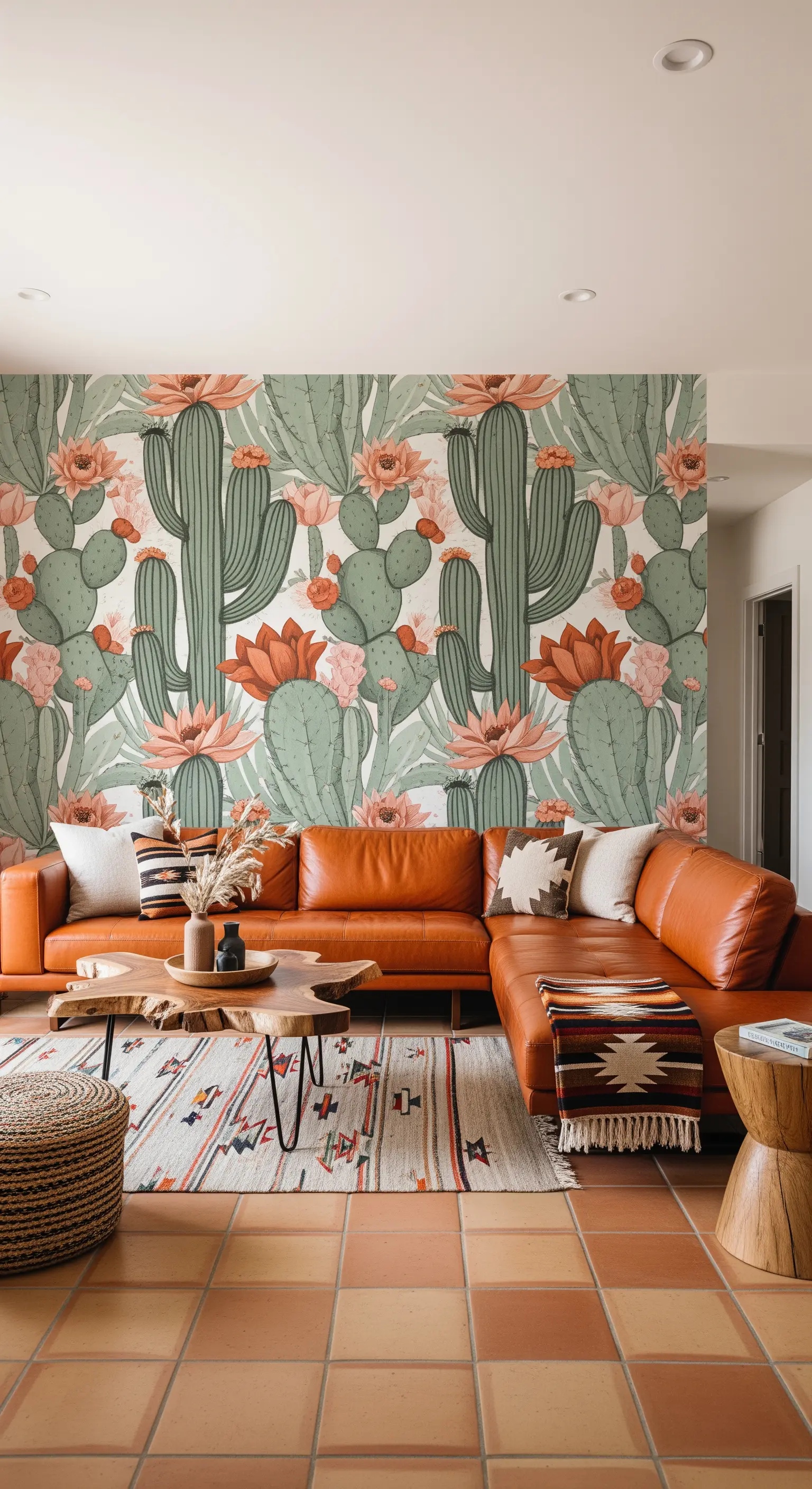 Soggiorno in stile desert-chic con carta da parati a cactus e un divano in pelle marrone.