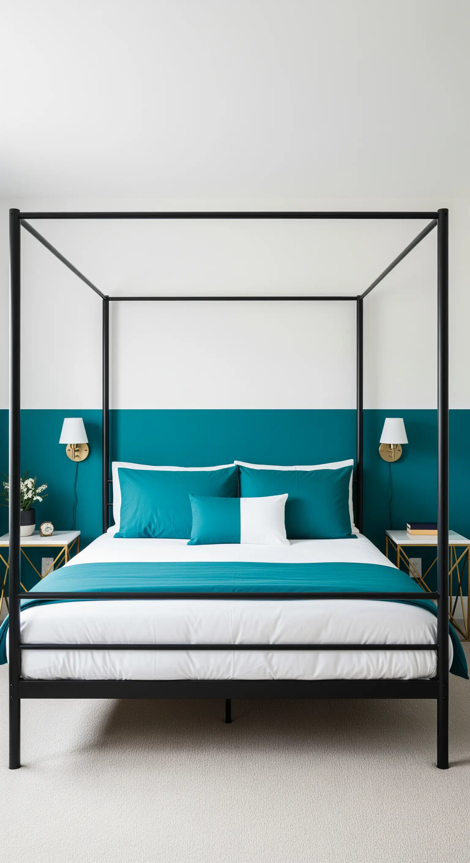 Letto a baldacchino nero con una parete bicolore, dipinta a metà in un vivace color ottanio.