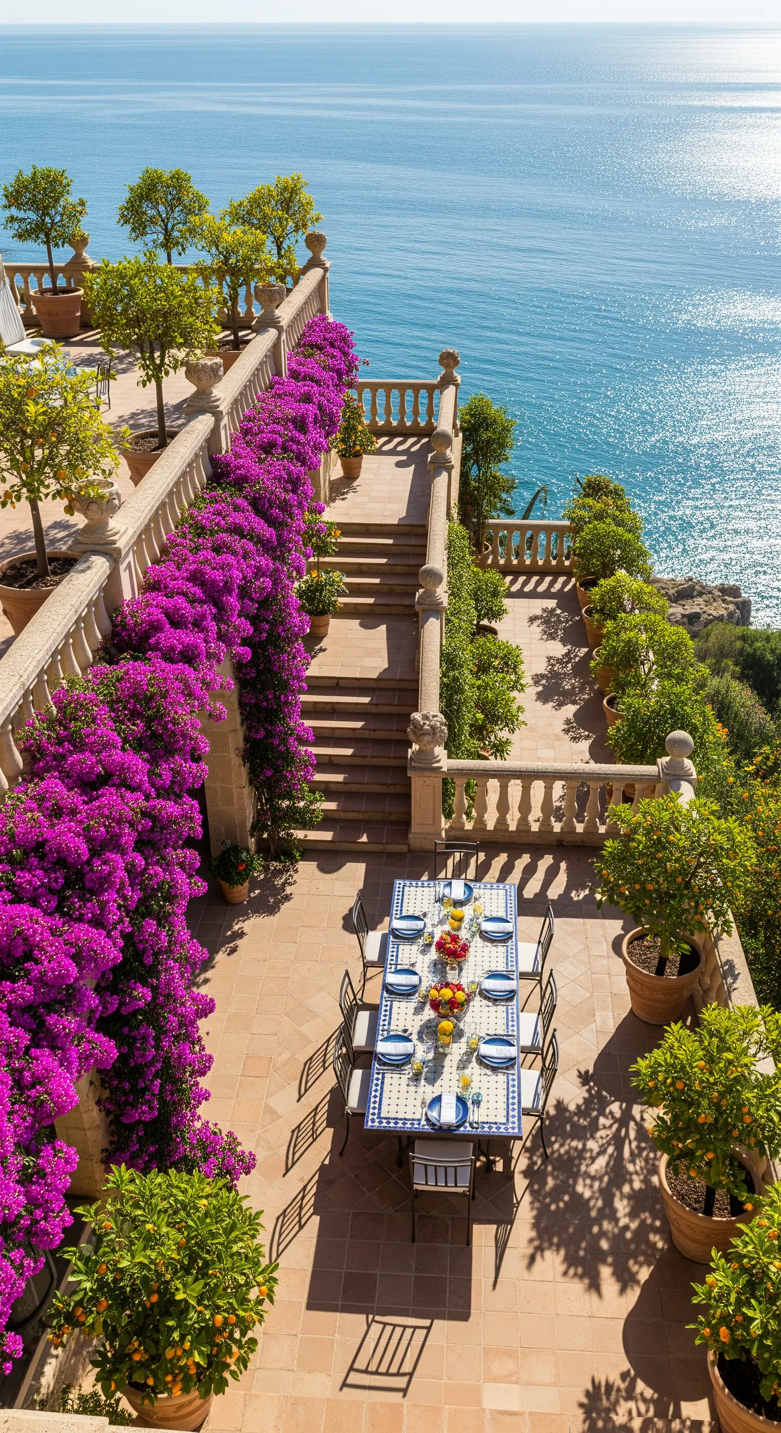 Terrazza sul mare con tavolo da pranzo in mosaico e cascata di bouganville fucsia.