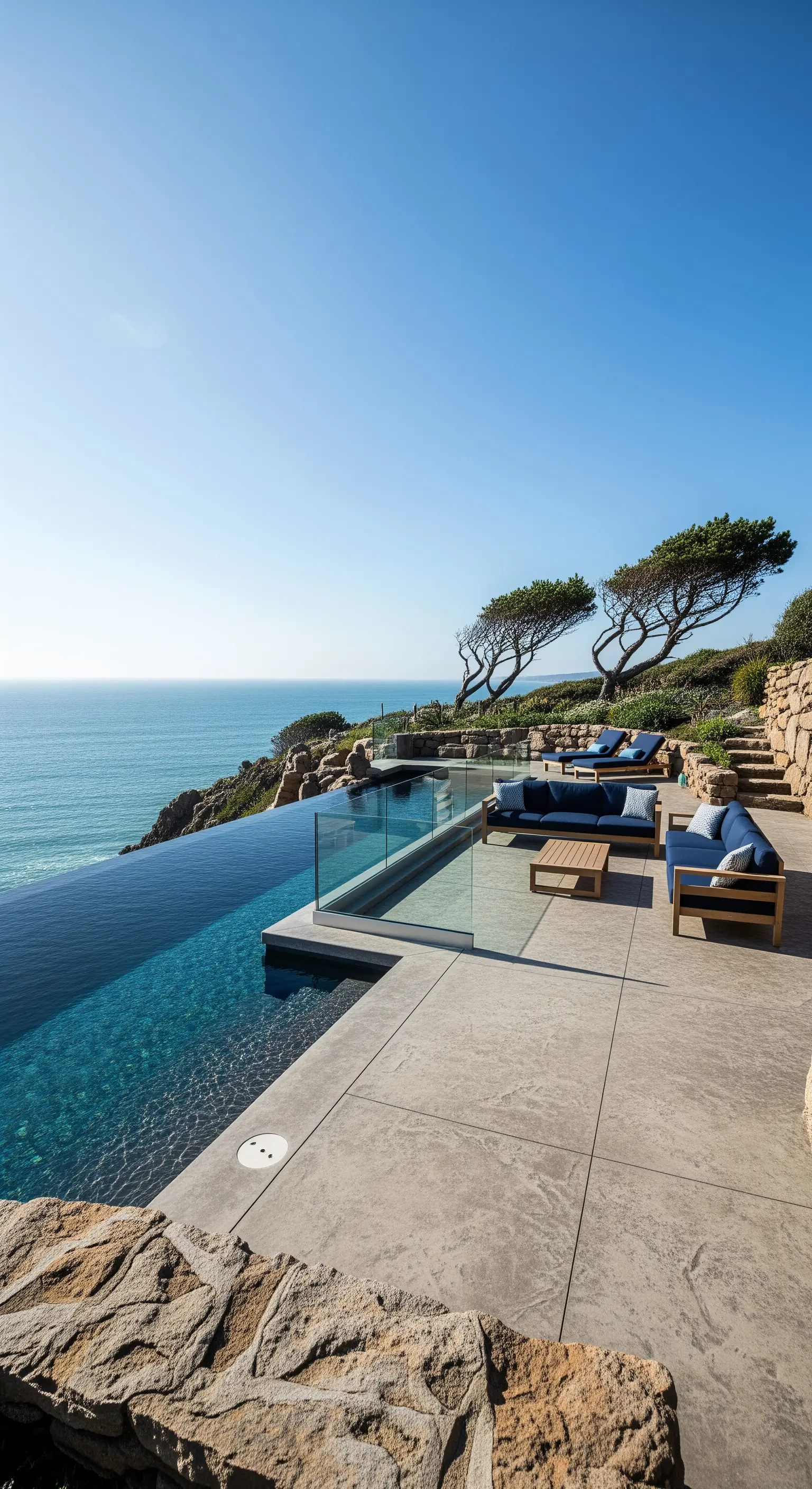 Piscina a sfioro con vista sull'oceano, arredi blu e muretti in pietra a secco