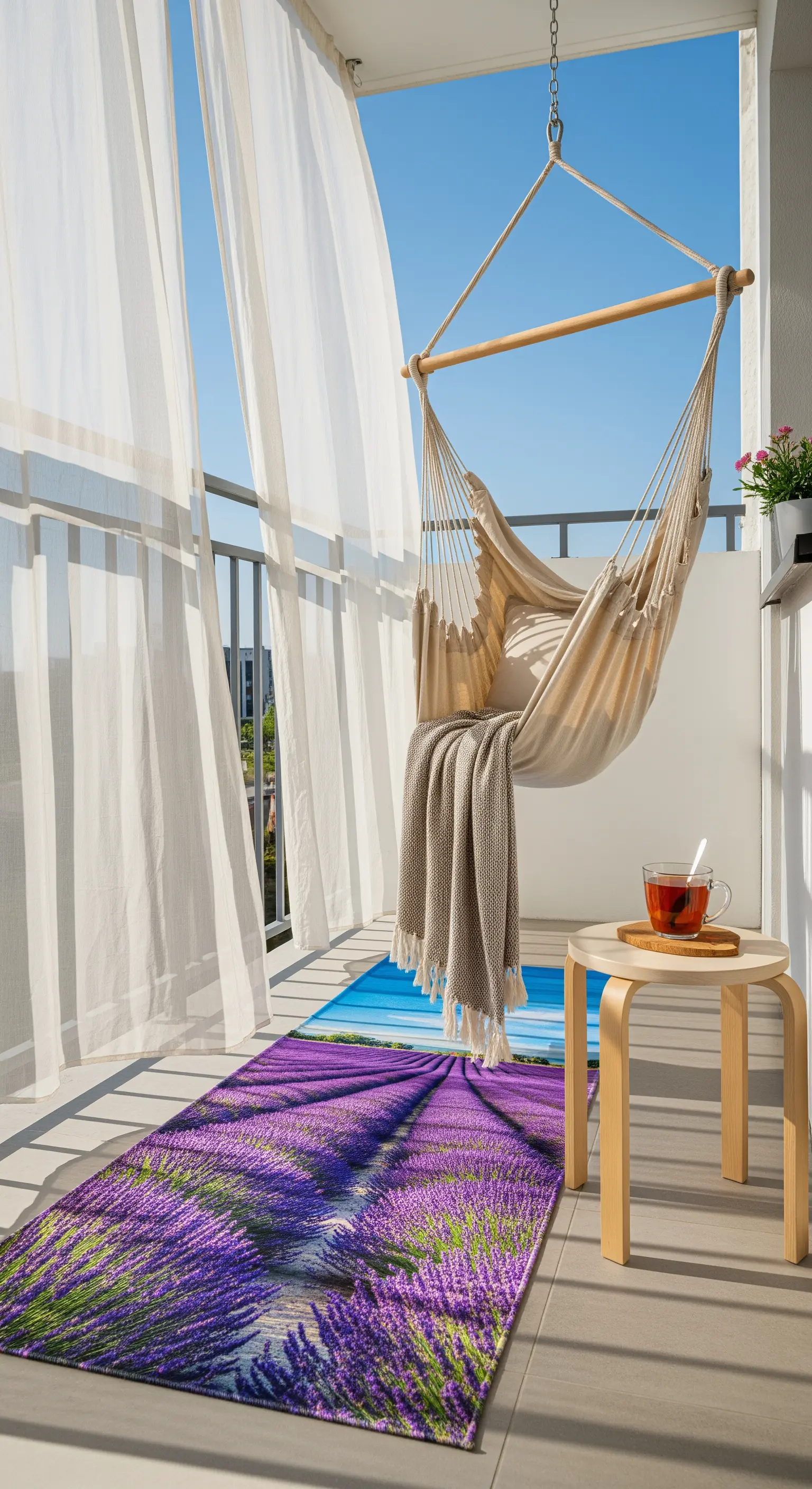 Balcone con sedia sospesa in tela e un tappeto con la stampa di un campo di lavanda.