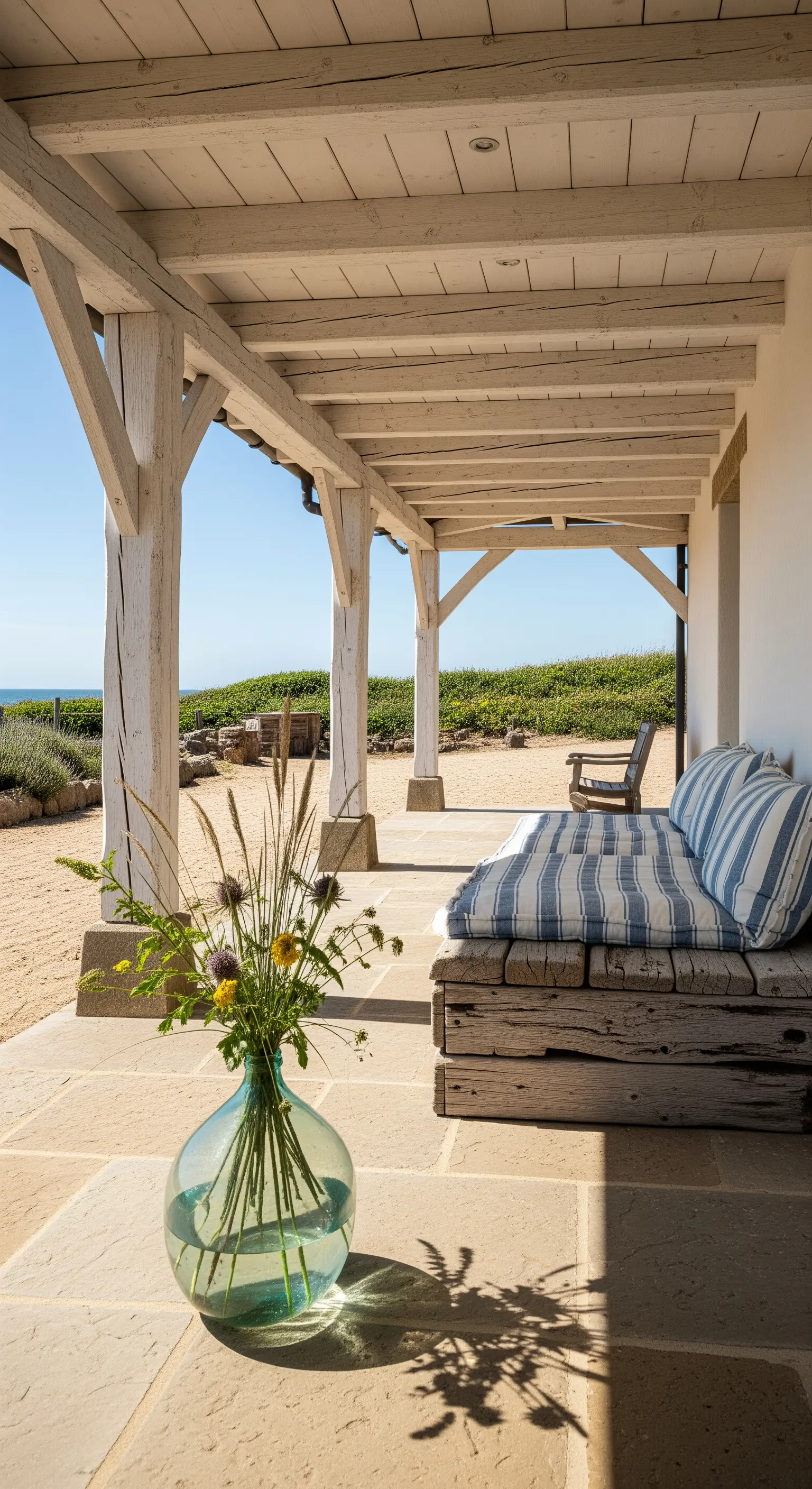 Portico vista mare con travi bianche e lettino in legno grezzo con cuscini a righe blu.