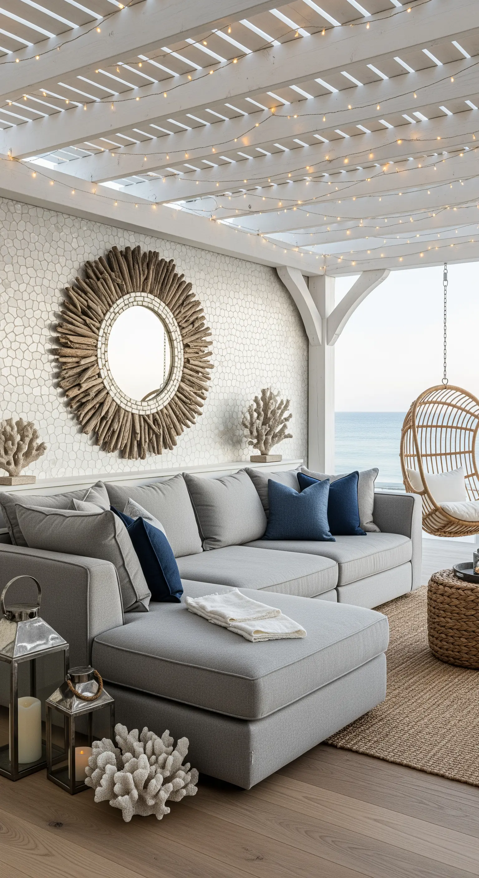 Portico in stile costiero con divano grigio, specchio in legno e luci a catena sul soffitto