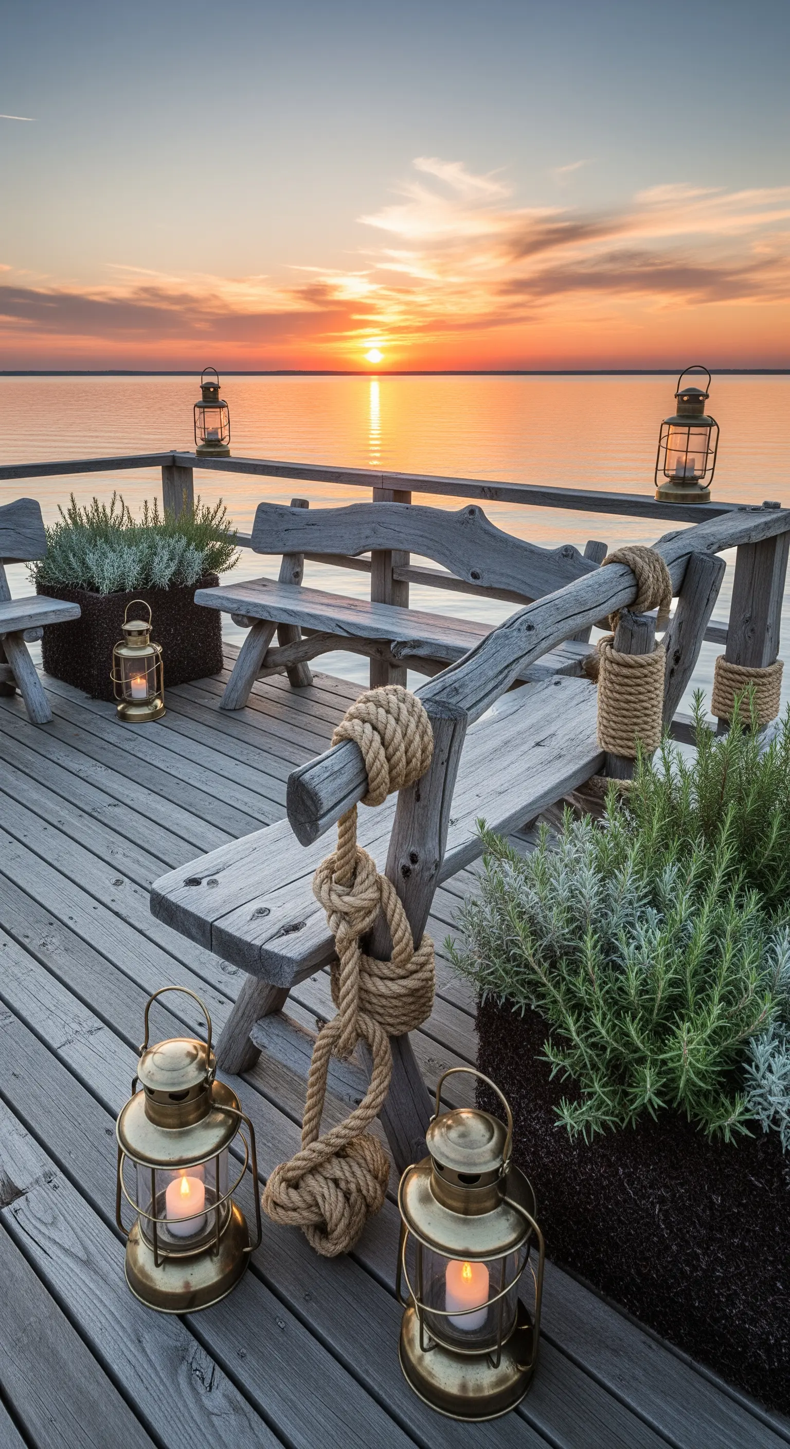 Terrazza in legno vista mare con panche rustiche e lanterne in ottone al tramonto.