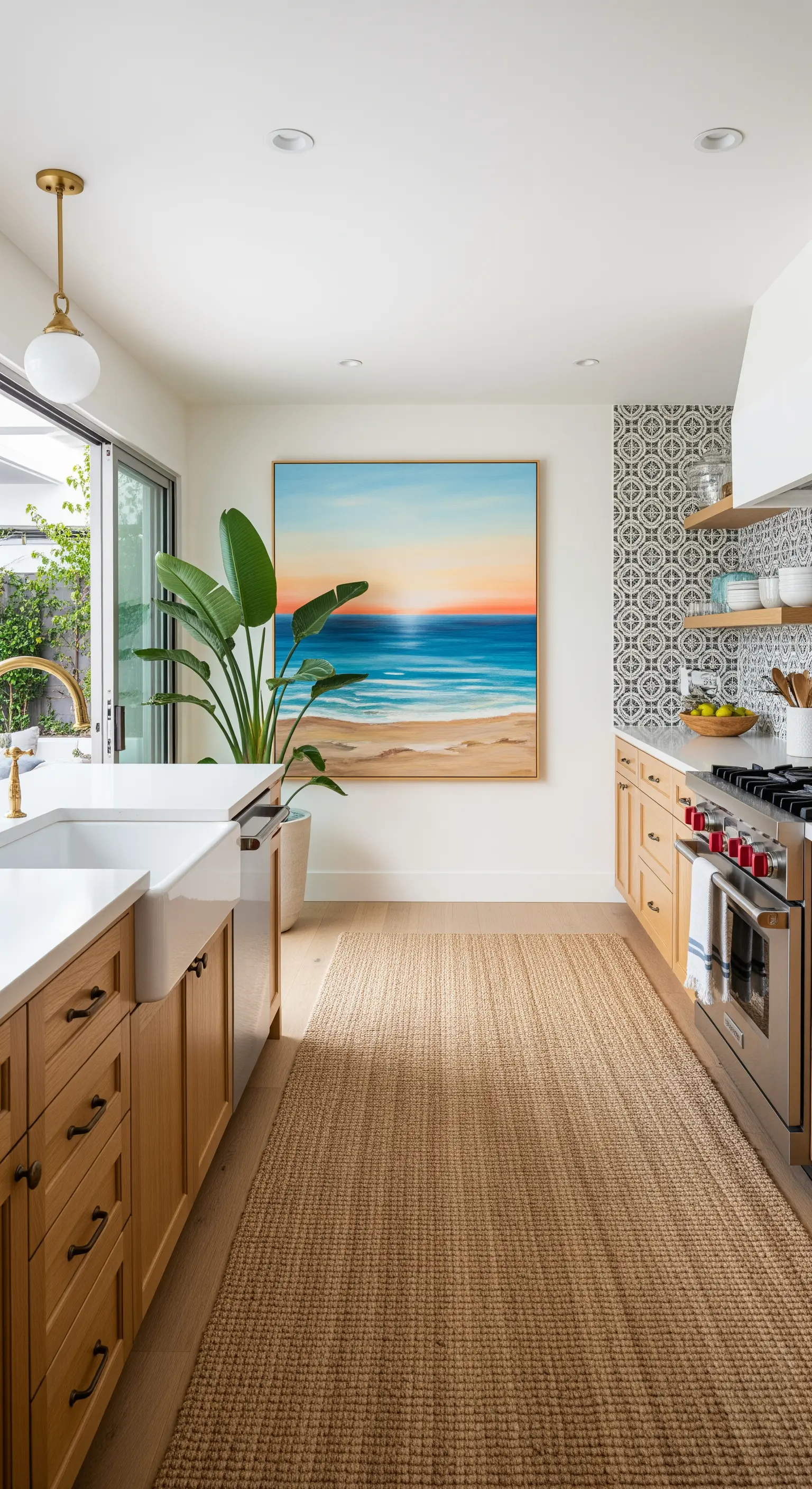 Cucina in legno chiaro con un grande quadro di un paesaggio marino e un tappeto in juta.