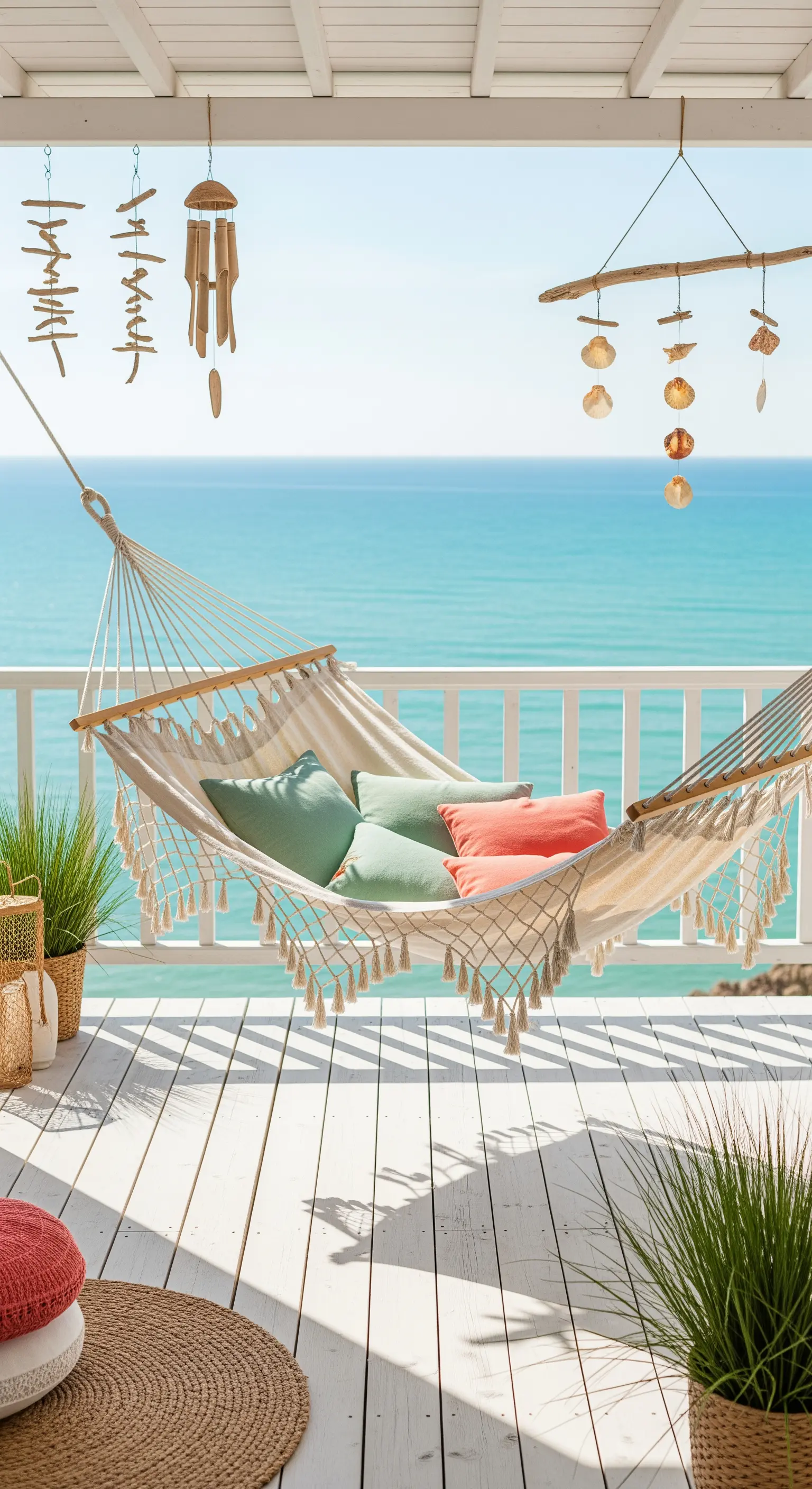 Amaca beige con cuscini pastello su una terrazza in legno bianco affacciata sul mare.