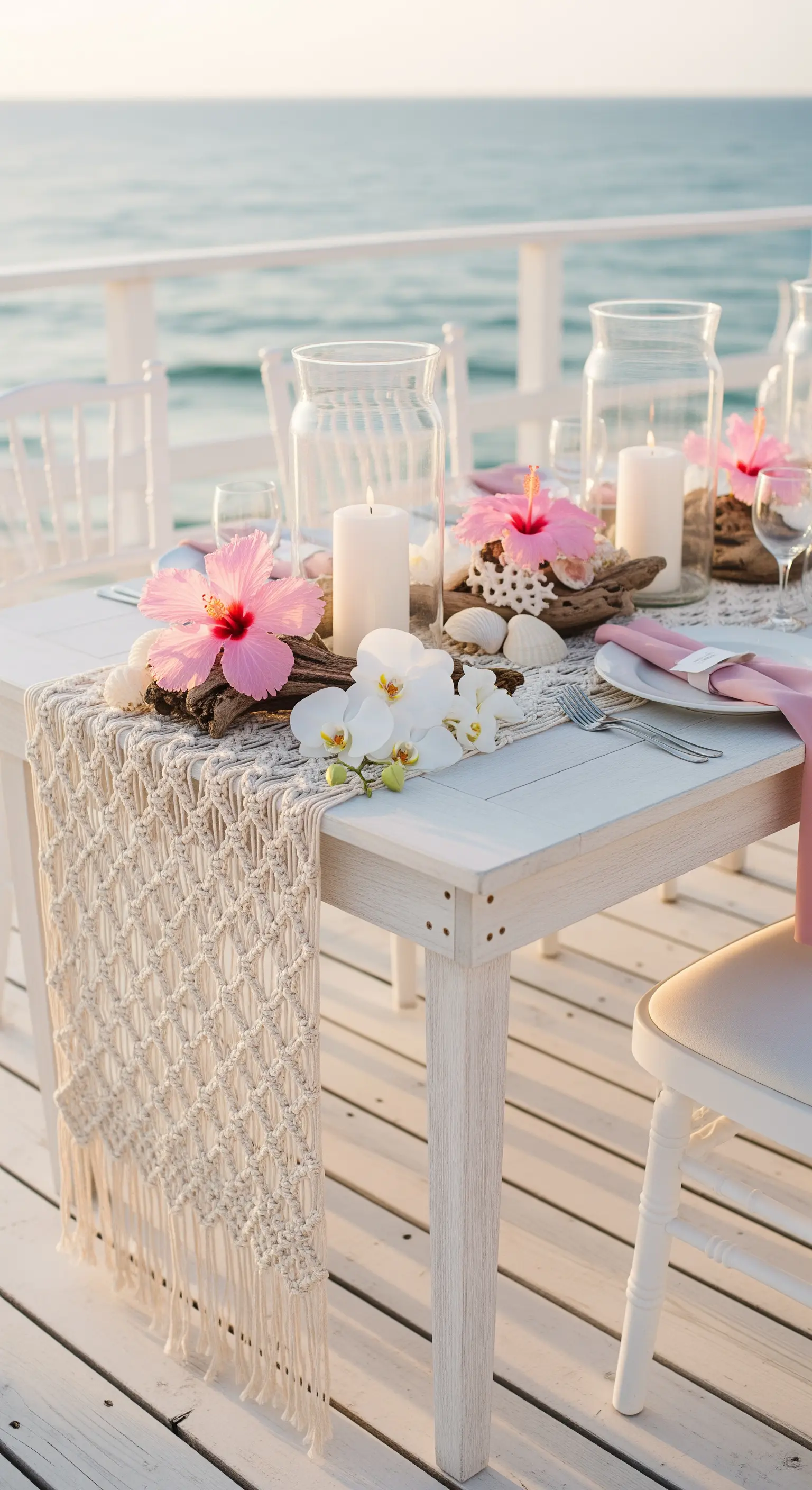 Tavola nuziale vista mare con runner in macramè, legno, conchiglie e fiori esotici.