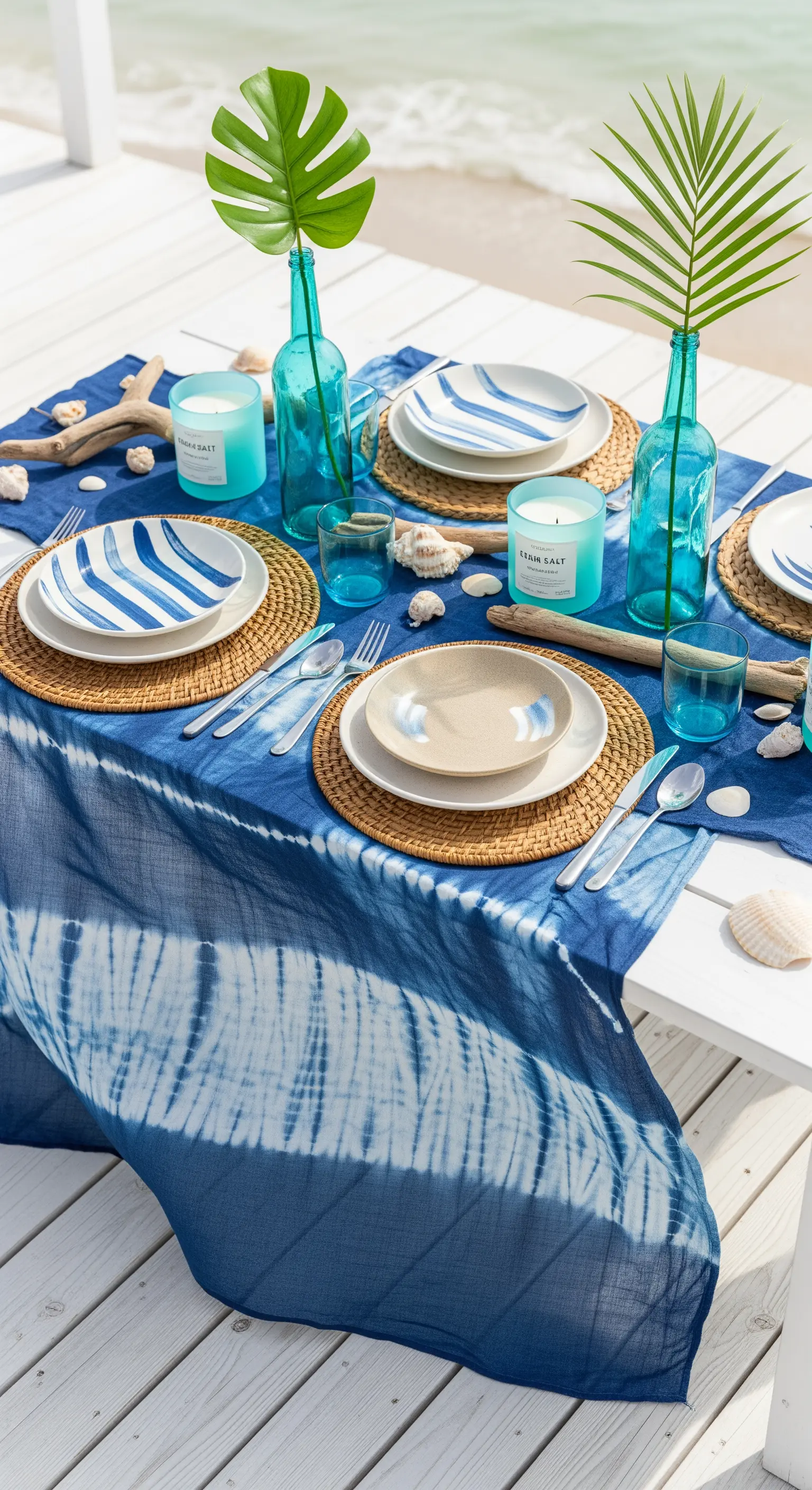 Tavola sulla spiaggia con tovaglia tie-dye blu, conchiglie e piatti a righe