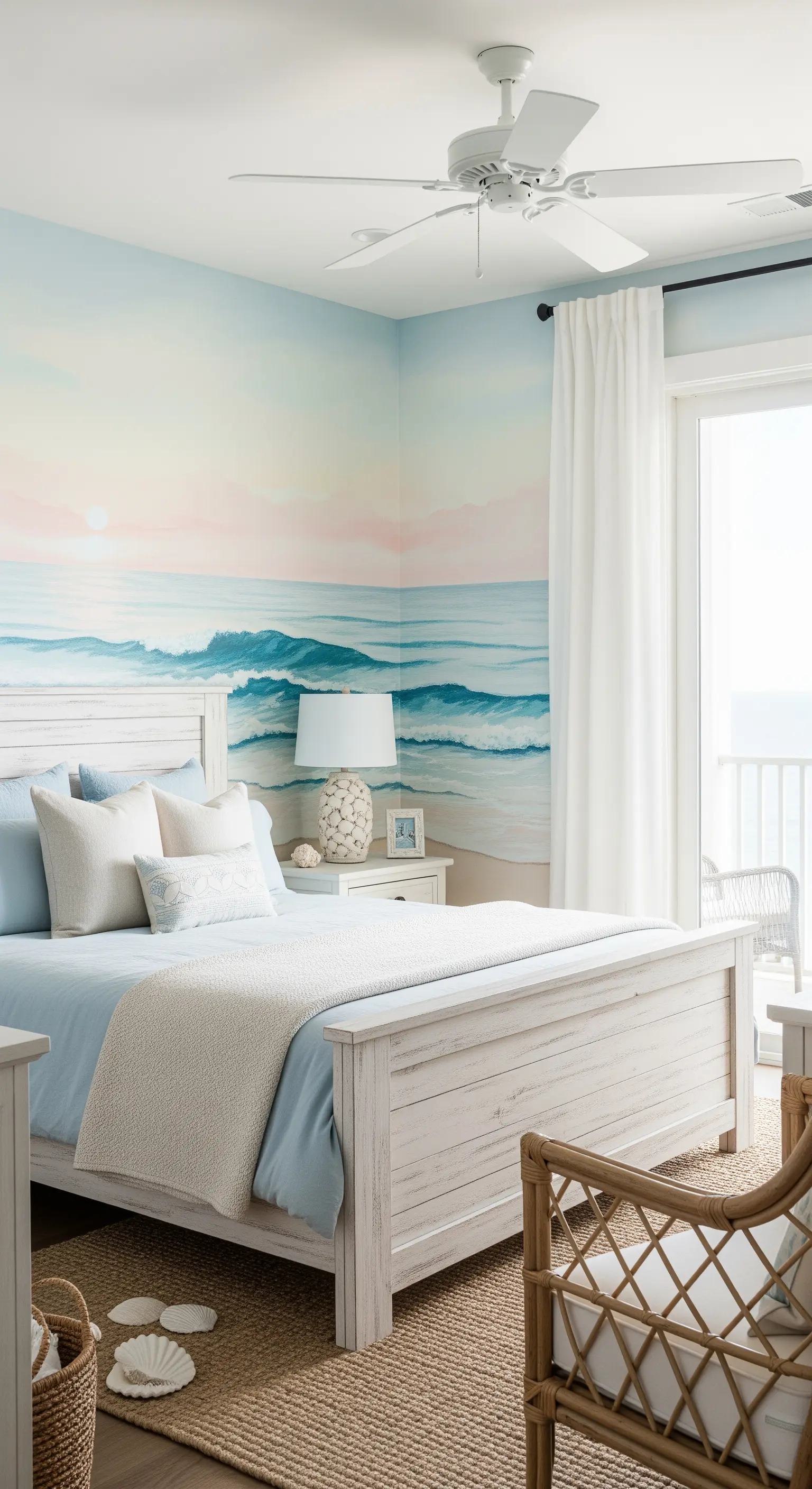Camera da letto in stile coastal con un murale di un'alba sul mare e arredi bianchi.