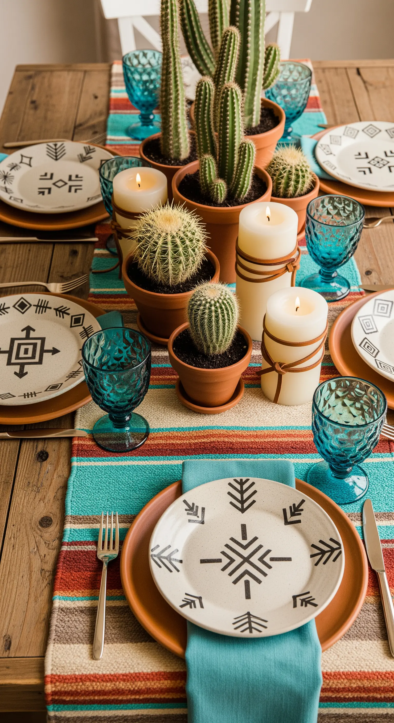 Tavola a tema desertico con runner navajo, cactus come centrotavola e bicchieri turchesi