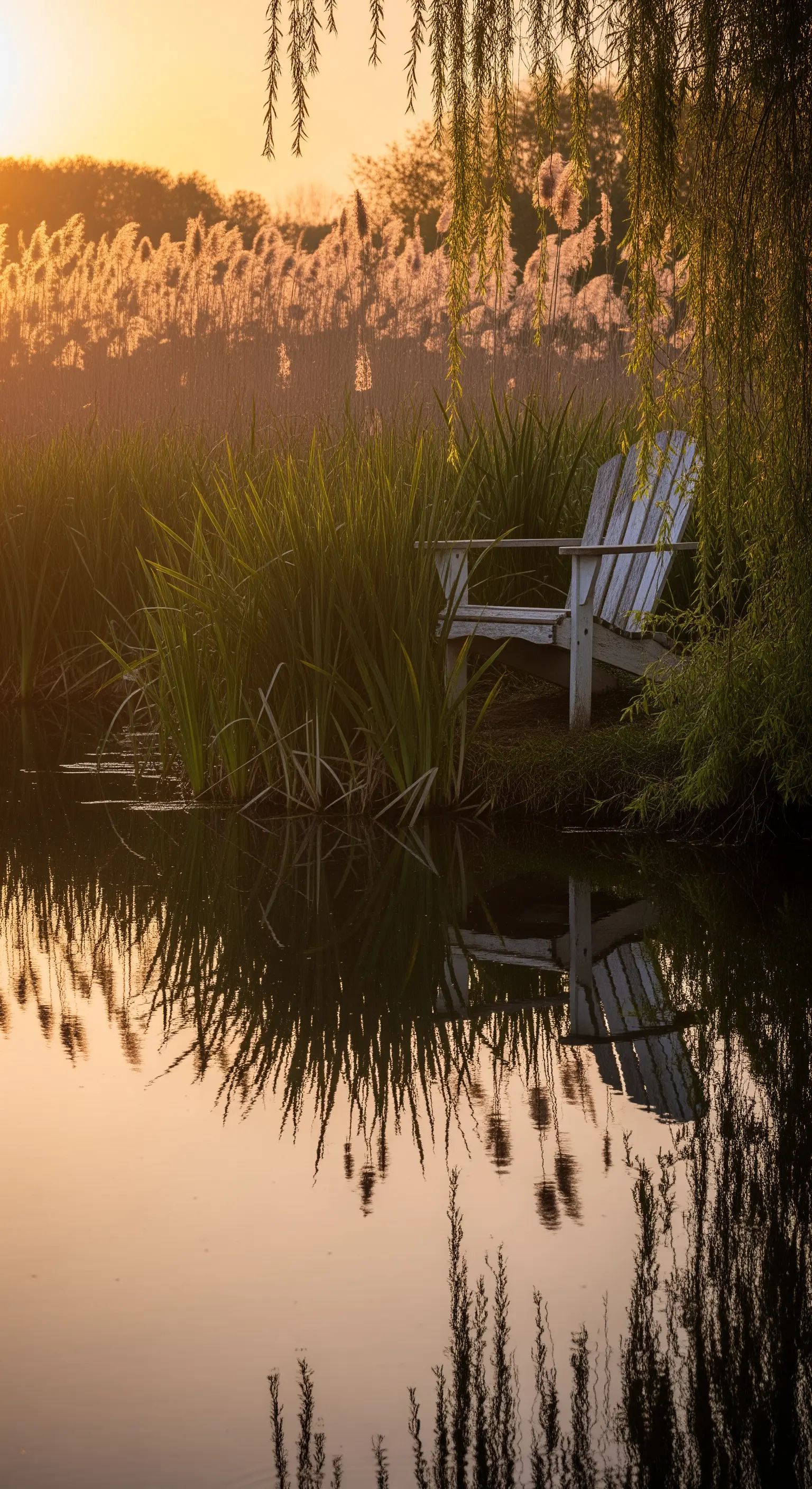 Sedia Adirondack bianca sulla riva di un lago al tramonto, tra erbe alte e salici piangenti.