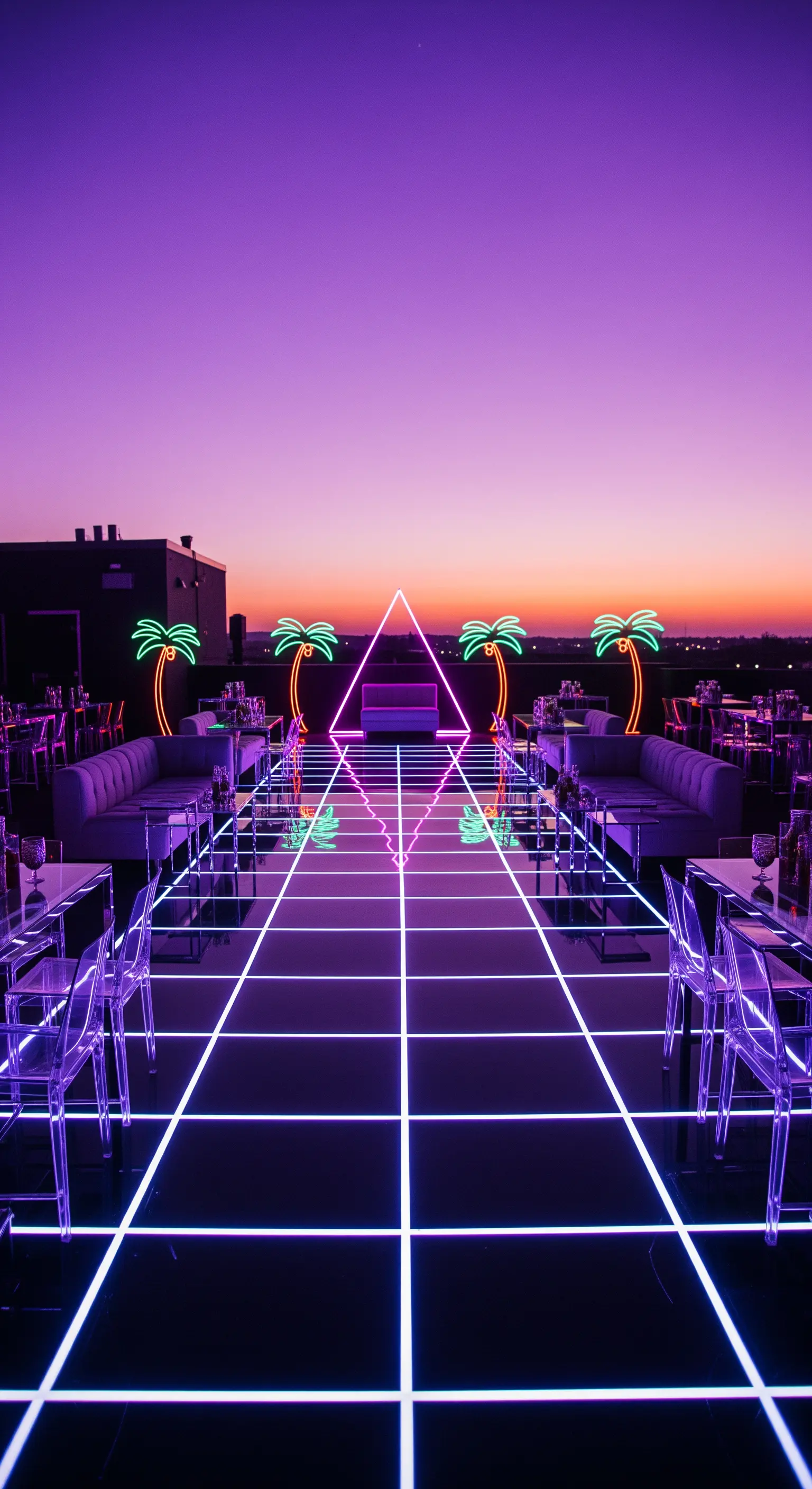 Allestimento futuristico anni '80 su una terrazza con pavimento a griglia luminosa e palme al neon.