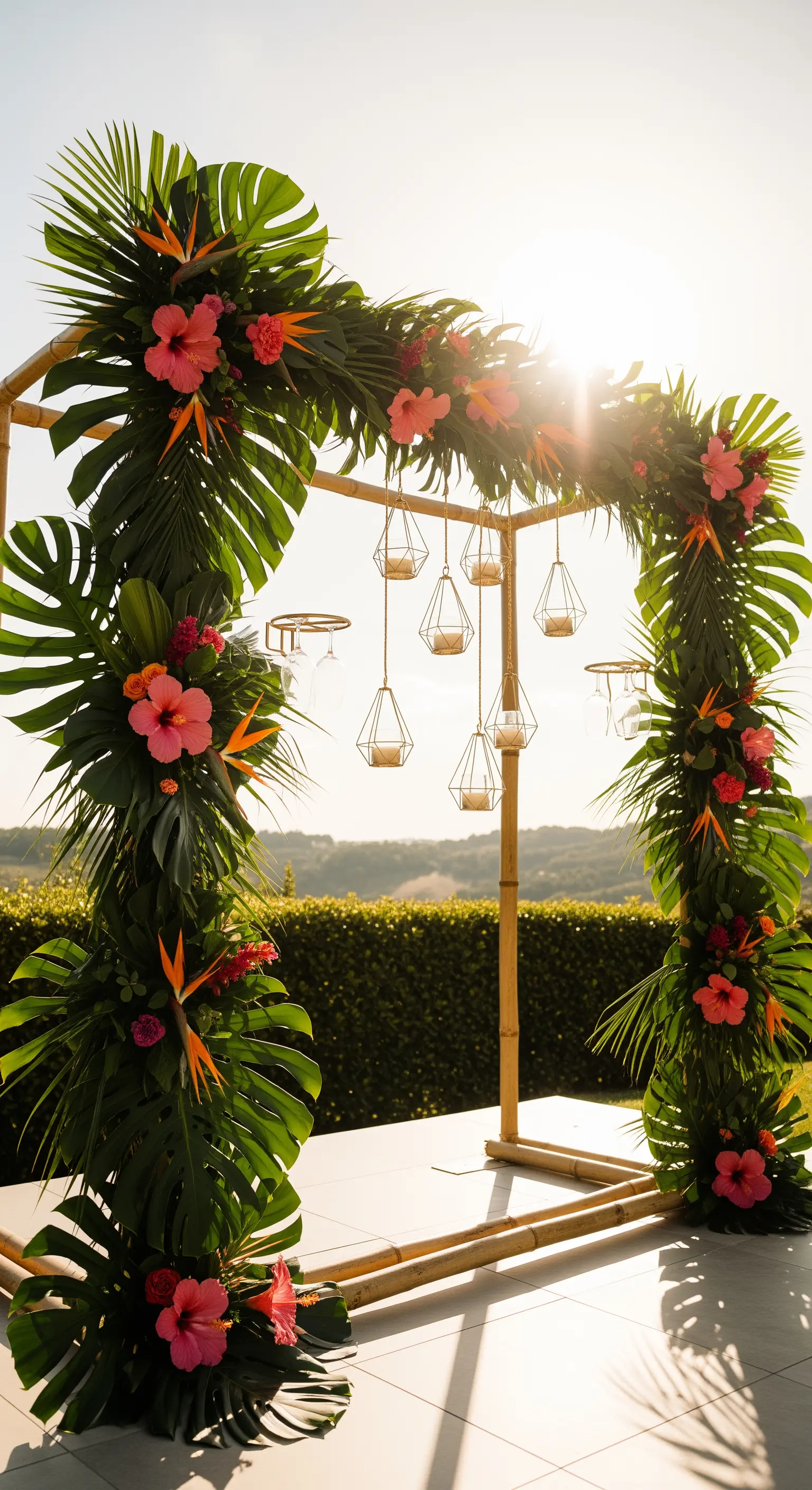 Struttura in bambù con foglie di monstera, fiori di ibisco e lanterne geometriche sospese.