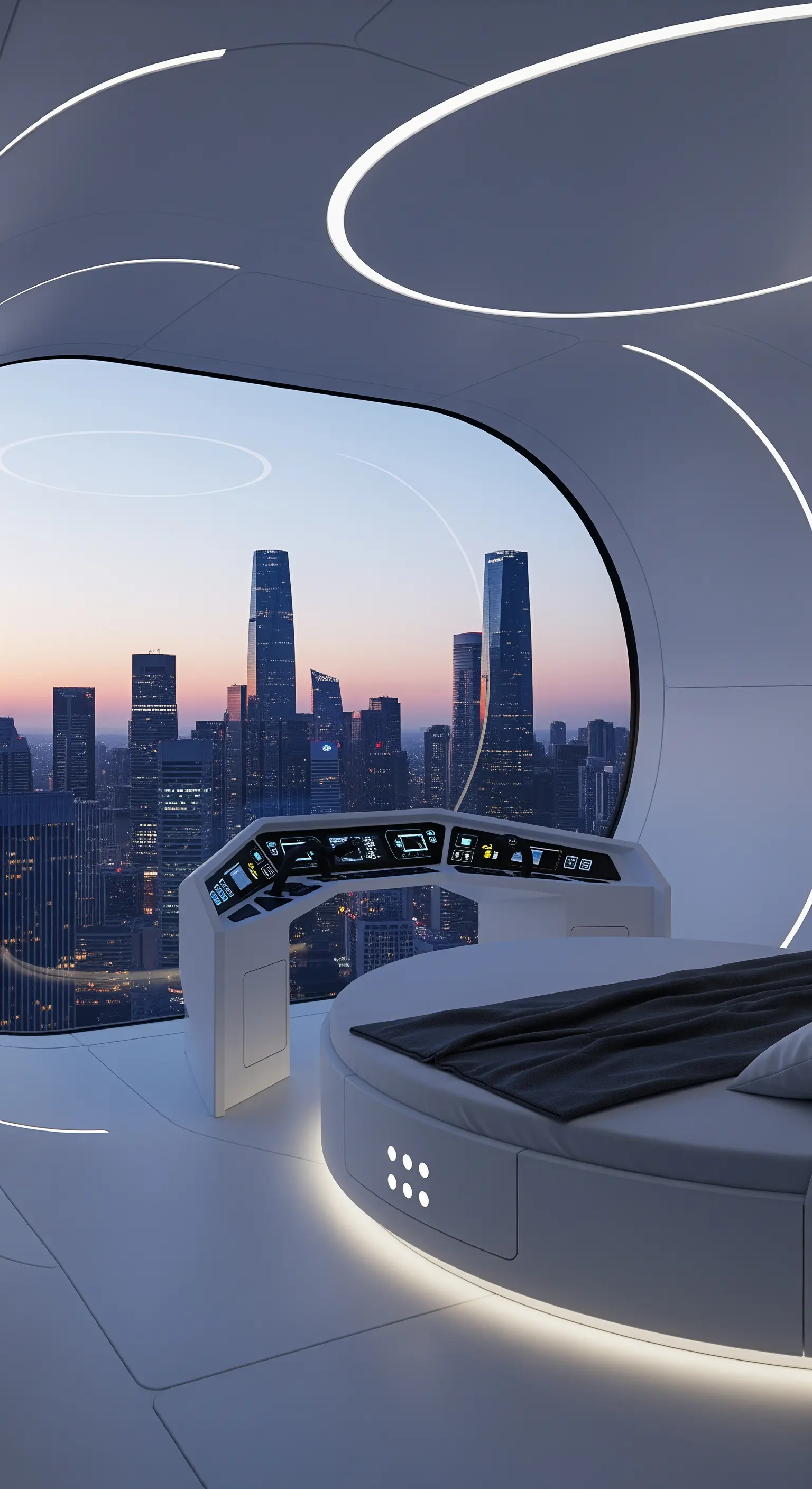 Camera da letto futuristica con letto rotondo e finestra panoramica curva sullo skyline.