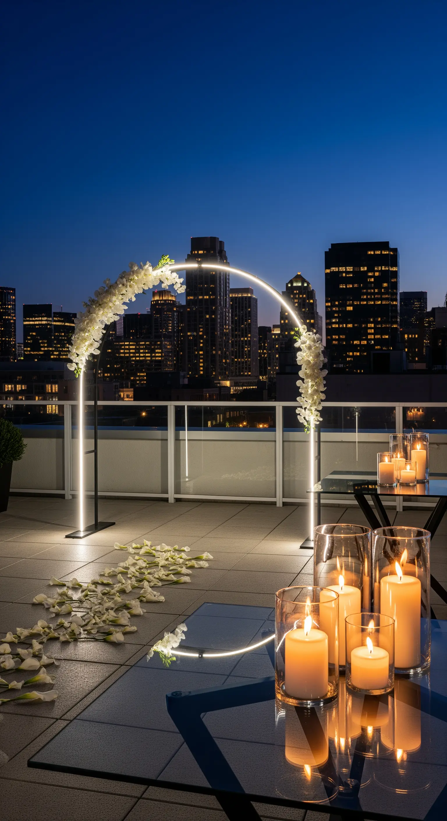 Arco circolare a LED decorato con orchidee su una terrazza con vista sulla città.