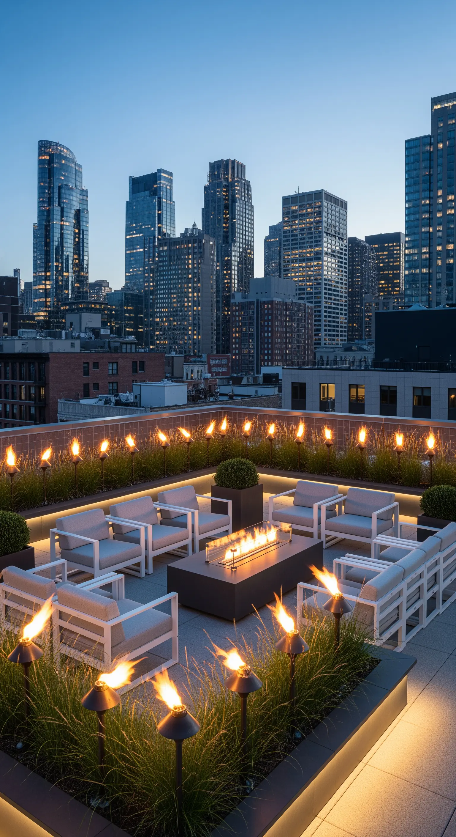 Terrazza moderna con vista sulla città, braciere centrale e torce lungo il perimetro.