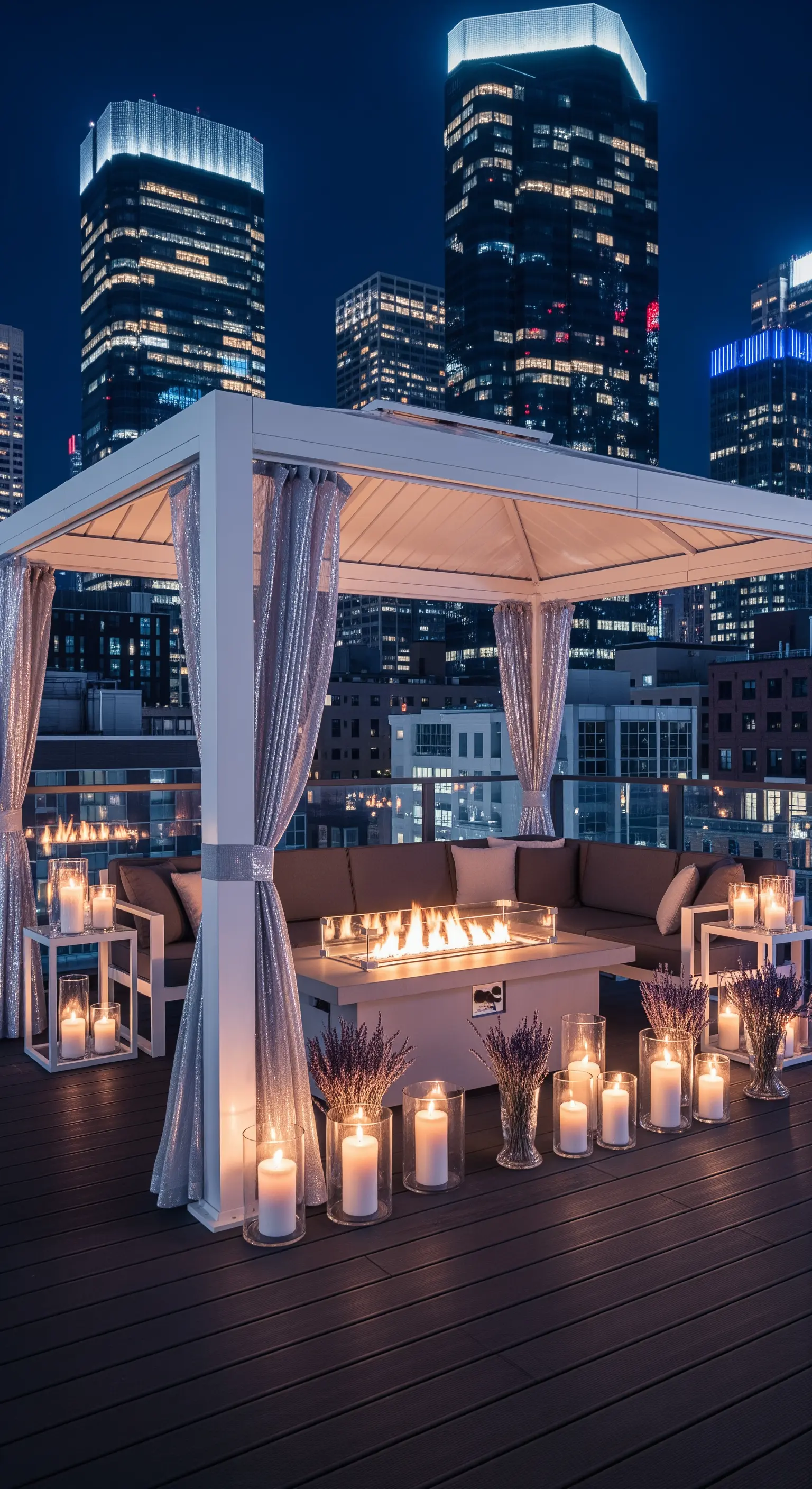 Gazebo su un rooftop con divani, braciere centrale acceso, tende argentate e skyline cittadino.