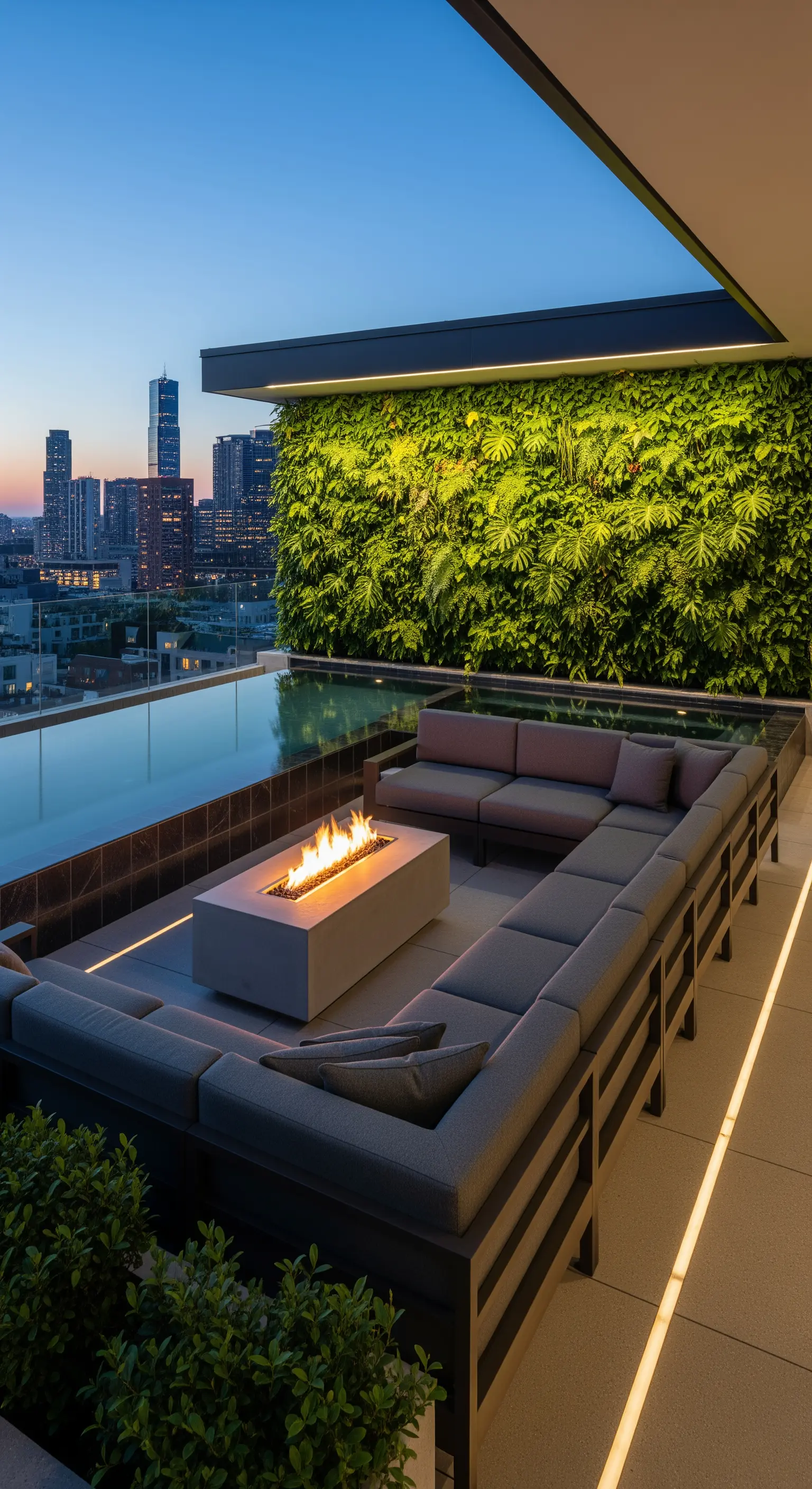 Terrazza moderna al tramonto con divano modulare, braciere e parete verde verticale.