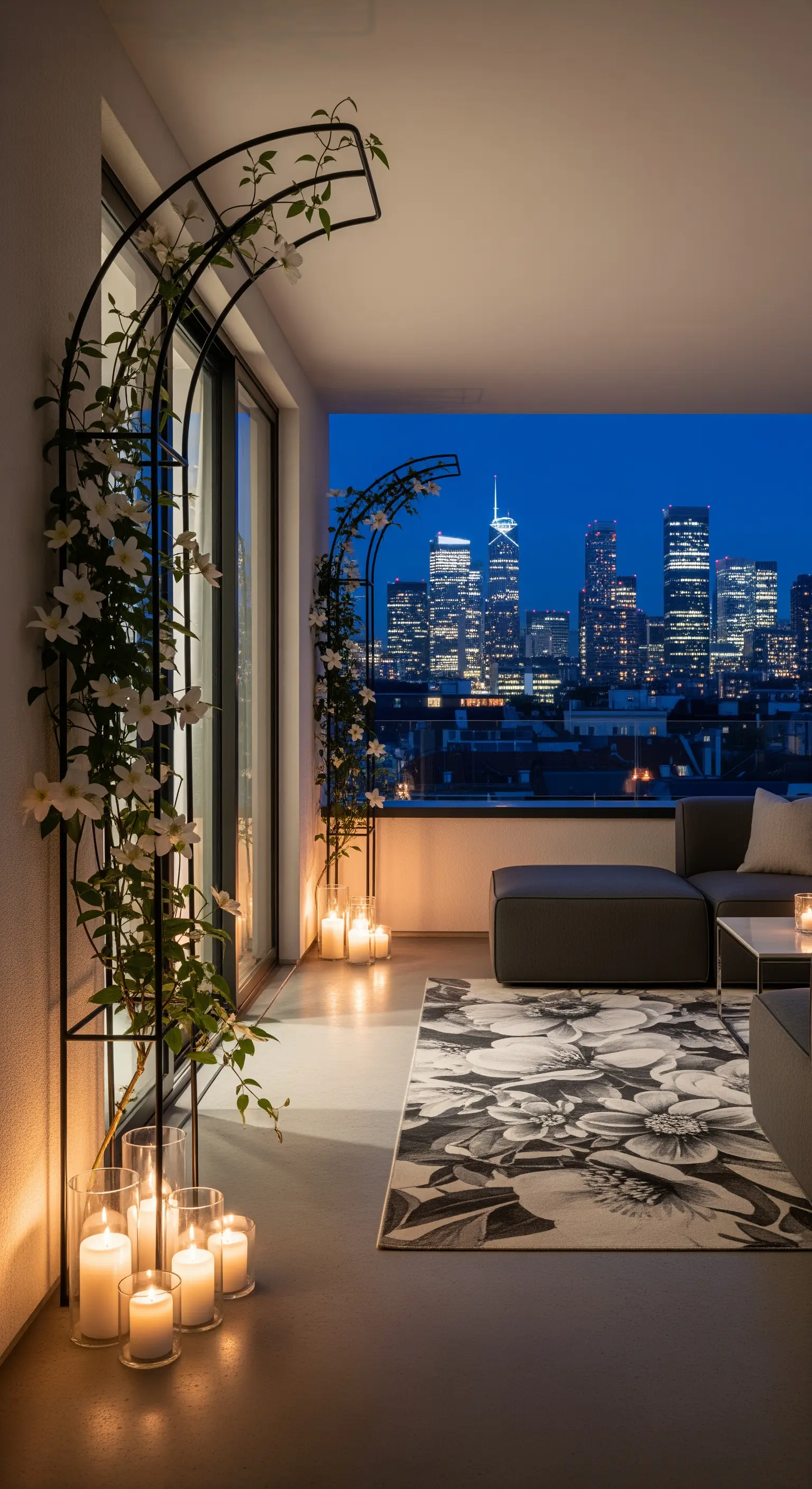 Balcone moderno con vista sulla città, archi neri, divano e candele a terra.