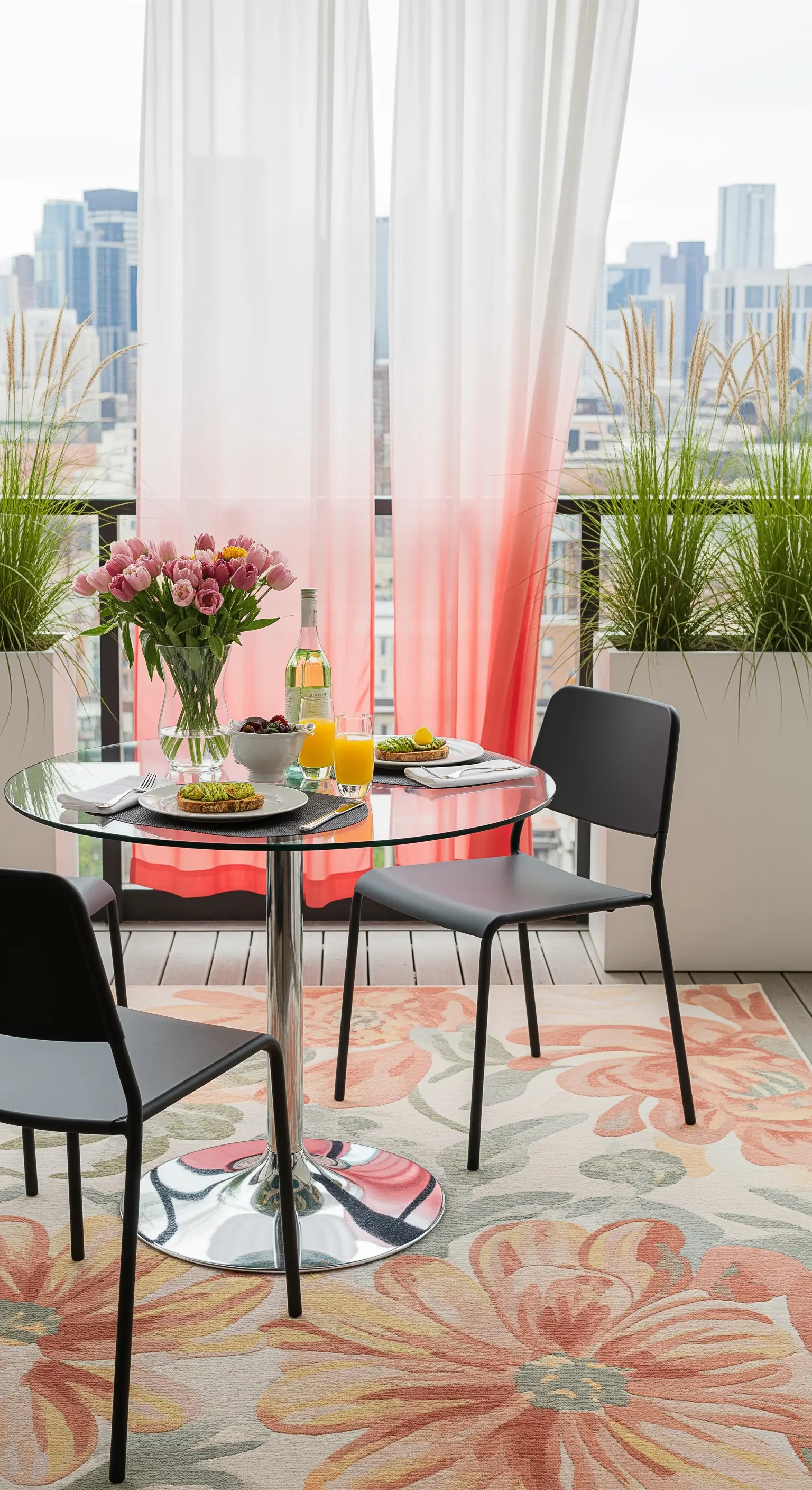 Balcone moderno con vista sulla città, tavolo in vetro e tappeto con grandi fiori astratti.
