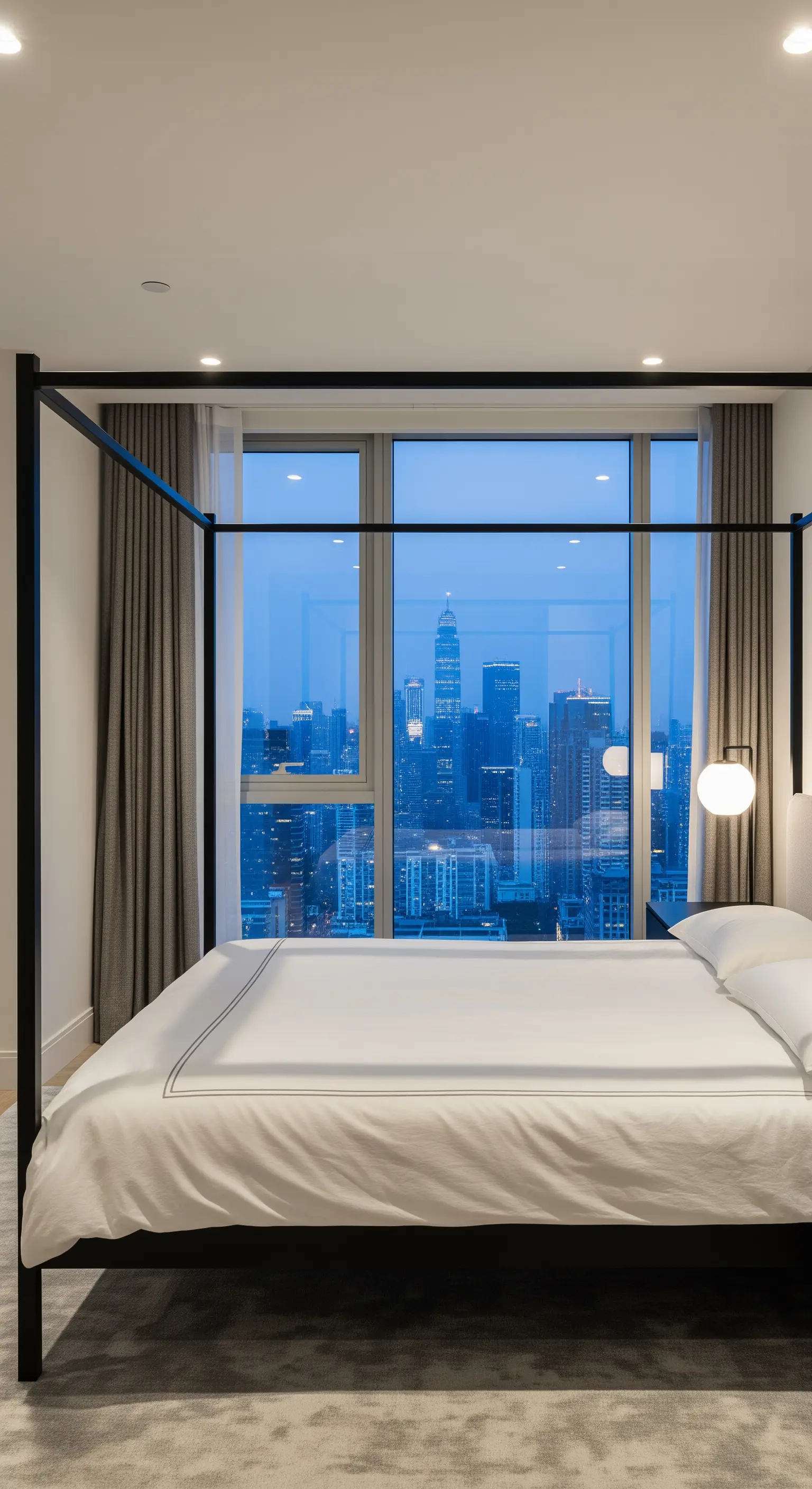 Letto a baldacchino nero minimalista di fronte a una finestra a tutta altezza con vista sulla città.
