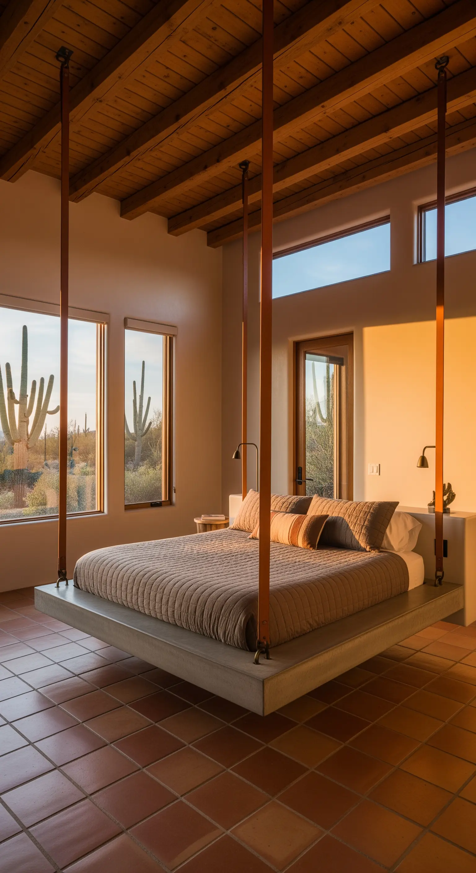 Letto con base in cemento sospeso da larghe cinghie di cuoio in una casa nel deserto.