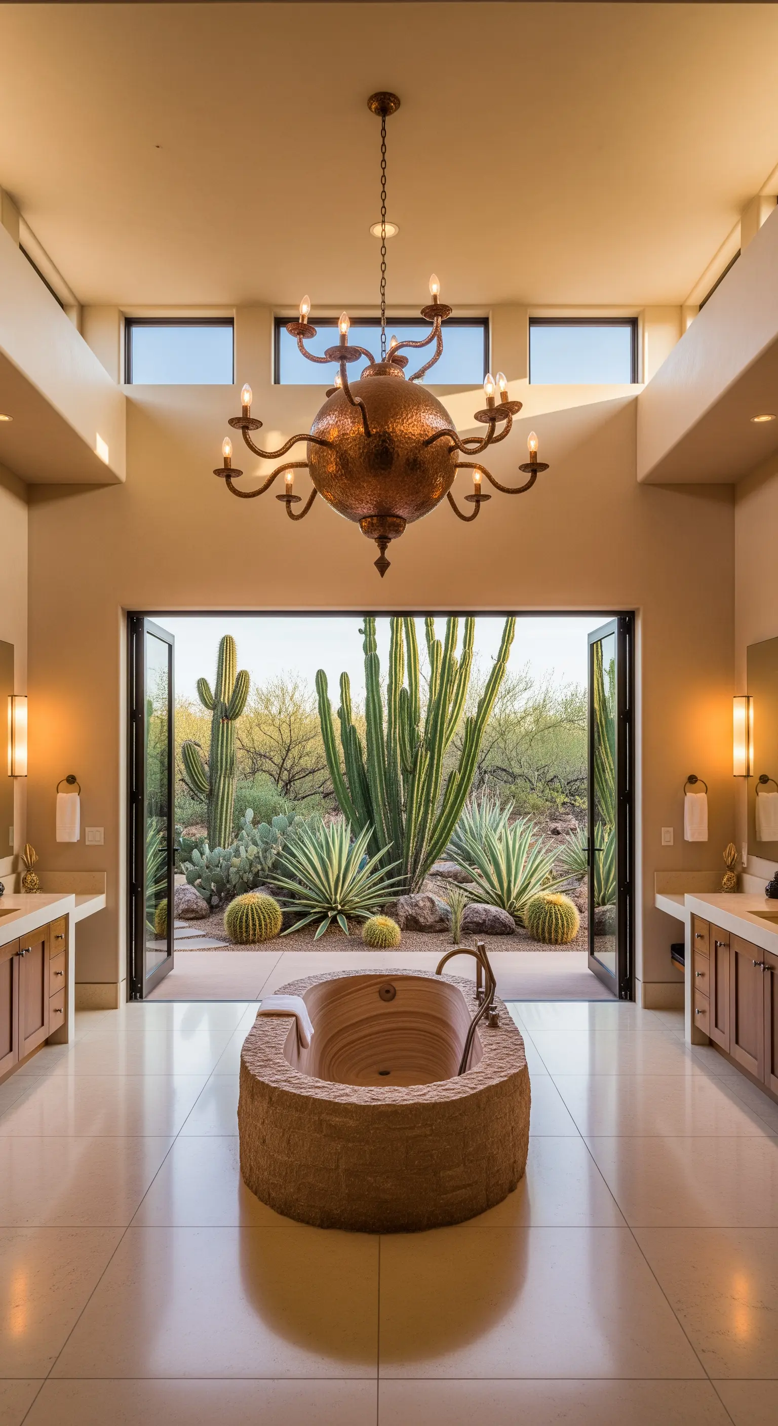 Bagno con vista su un giardino di cactus, vasca in pietra e un grande lampadario sferico in rame.