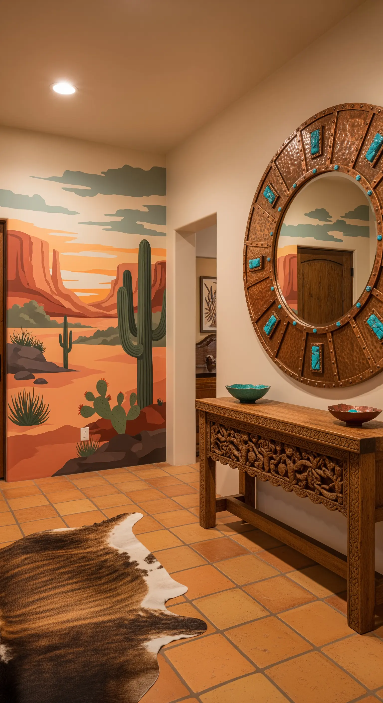 Ingresso in stile southwestern con murale del deserto e specchio in rame con inserti turchesi.