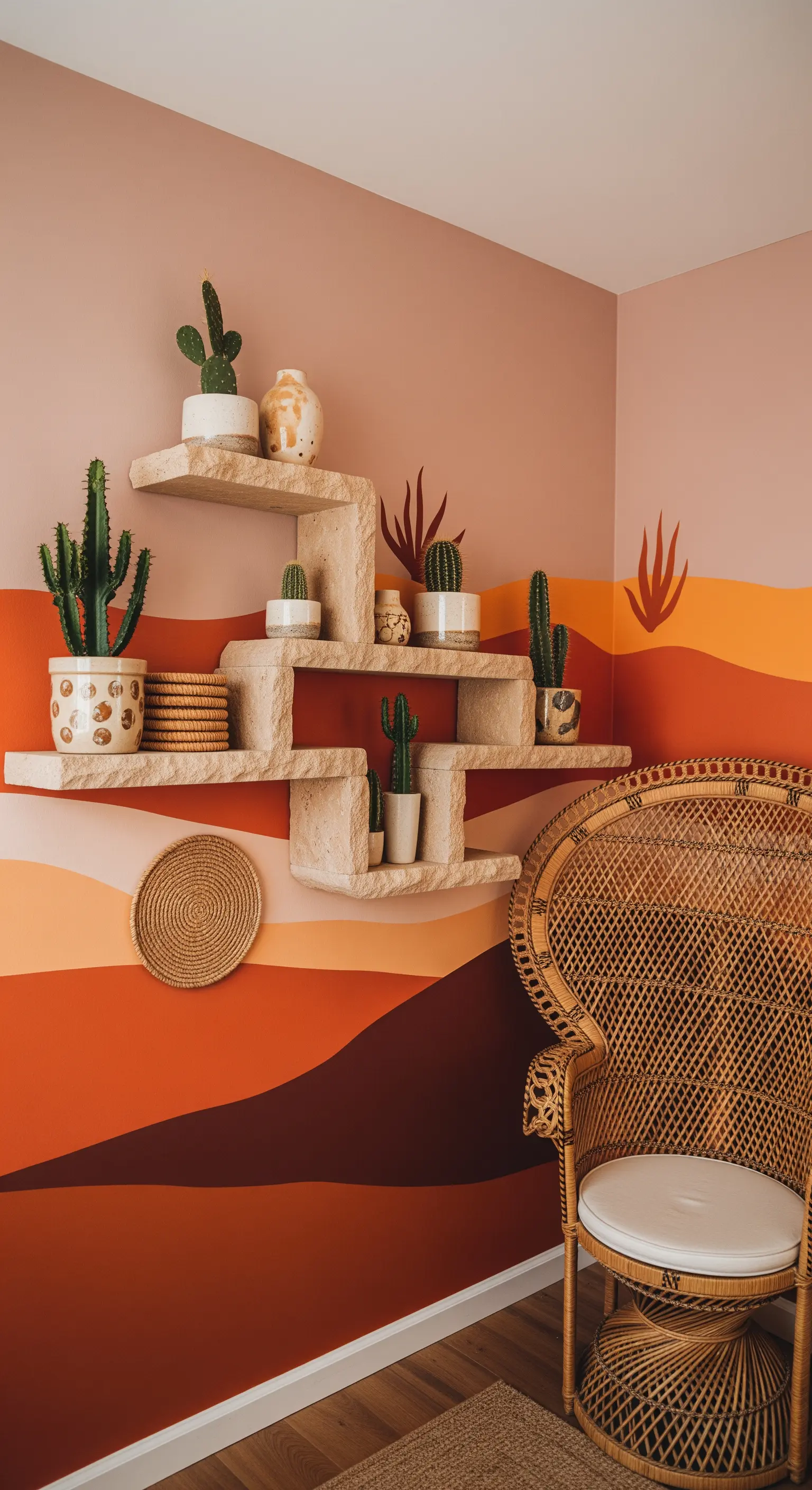 Mensole materiche irregolari su un murale con paesaggio desertico in toni caldi.