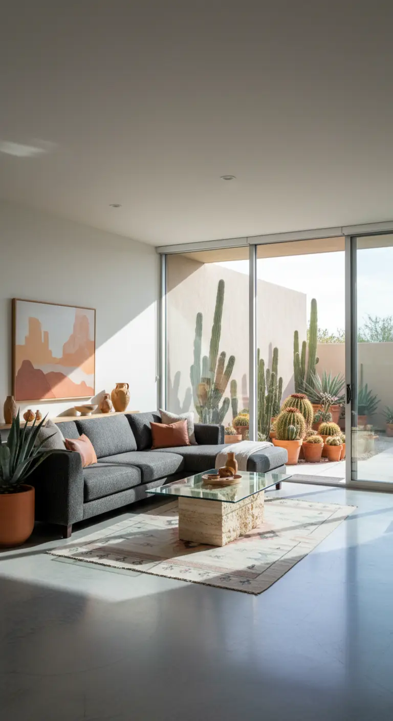 Soggiorno in stile desert modern con divano grigio, cuscini color terracotta e un tavolino in travertino.