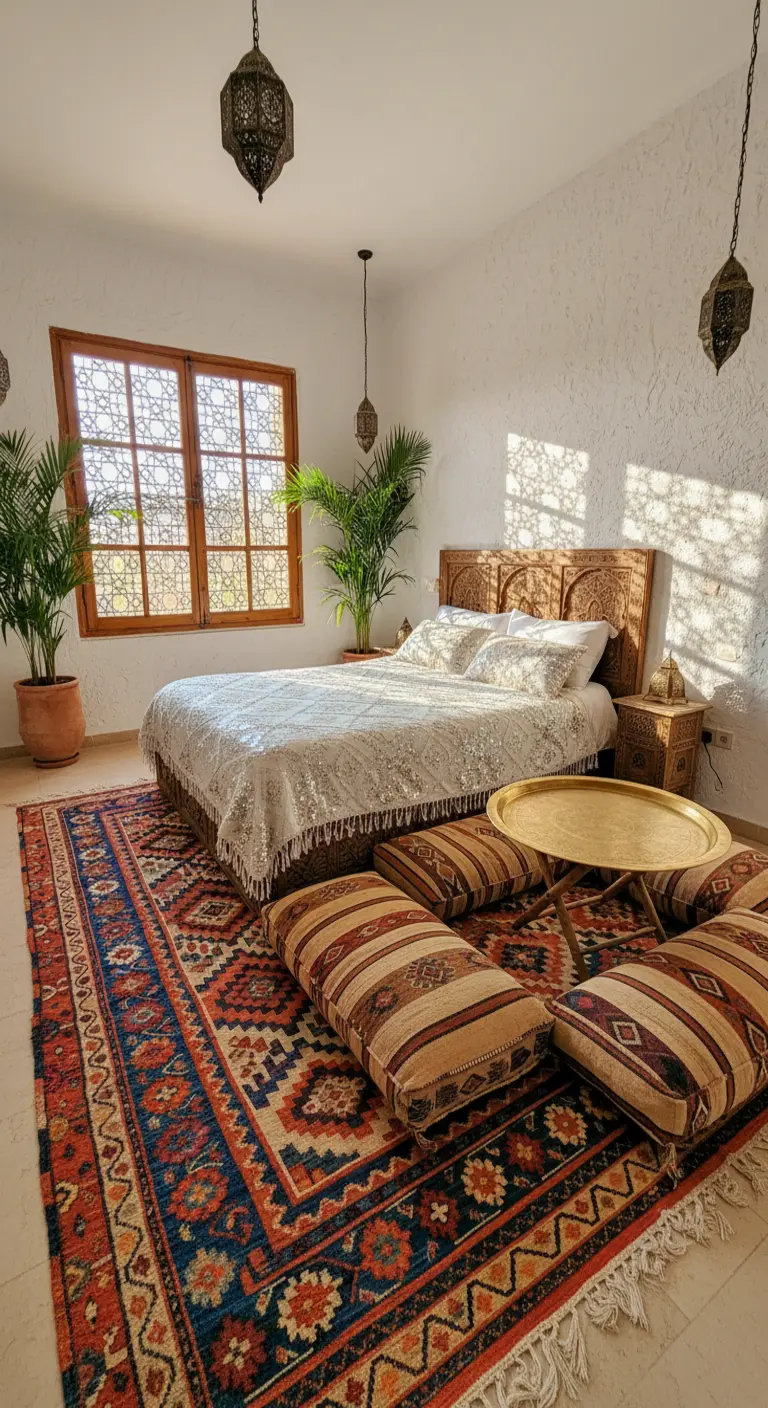 Camera da letto in stile marocchino con tappeto Kilim, cuscini da terra e lanterne.