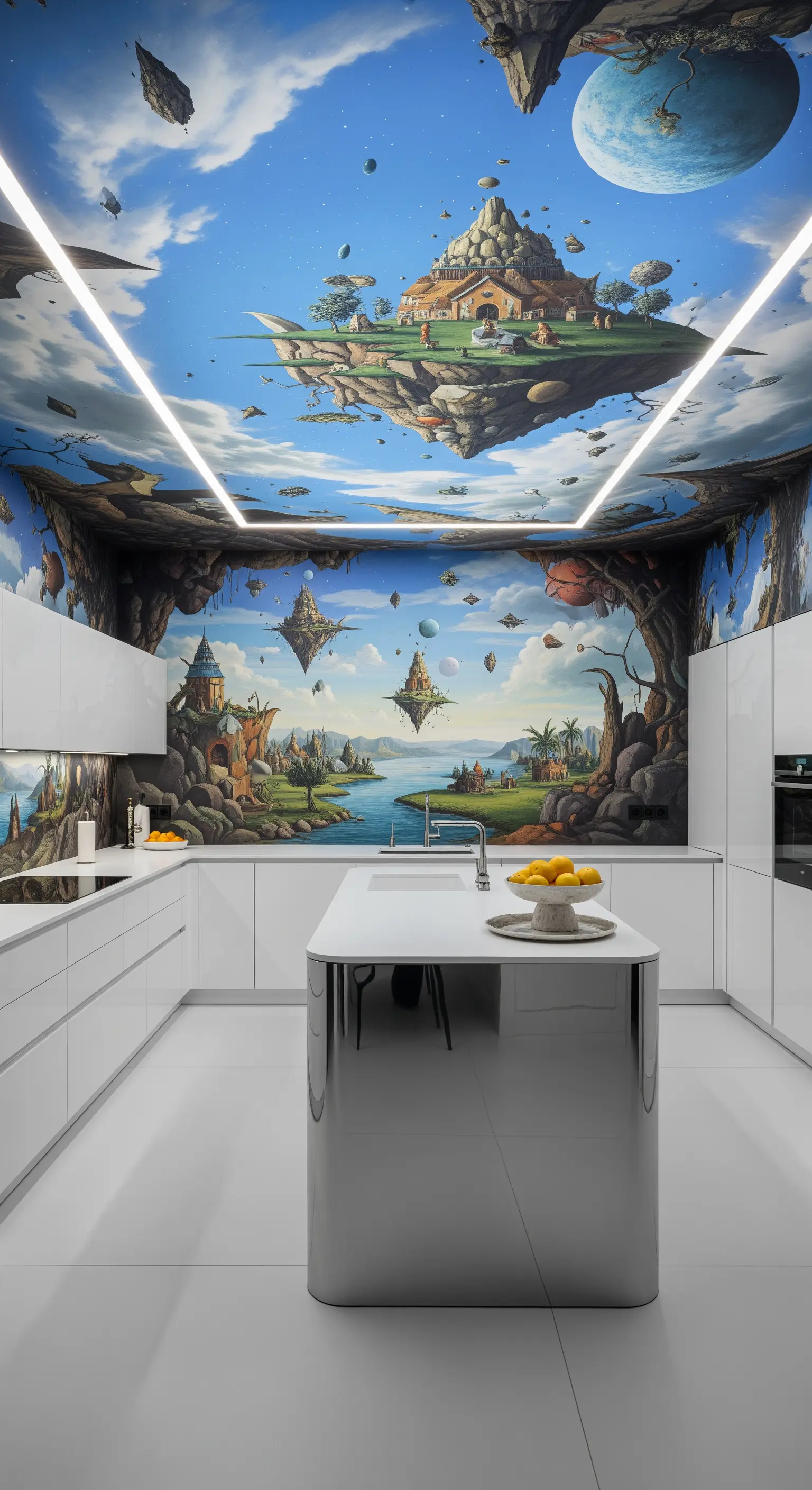 Cucina moderna e bianca con murale fantasy immersivo su pareti e soffitto.
